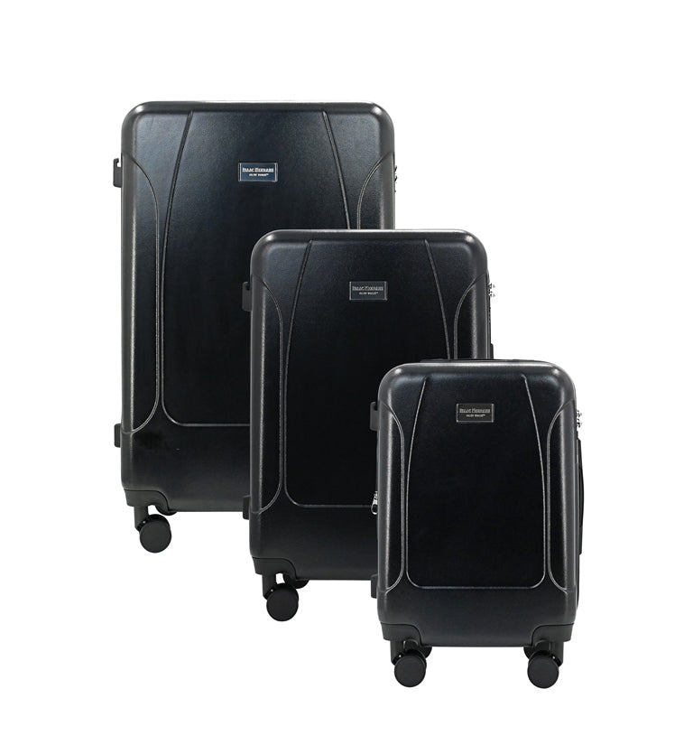 Set of three black suitcases of different sizes on a white background