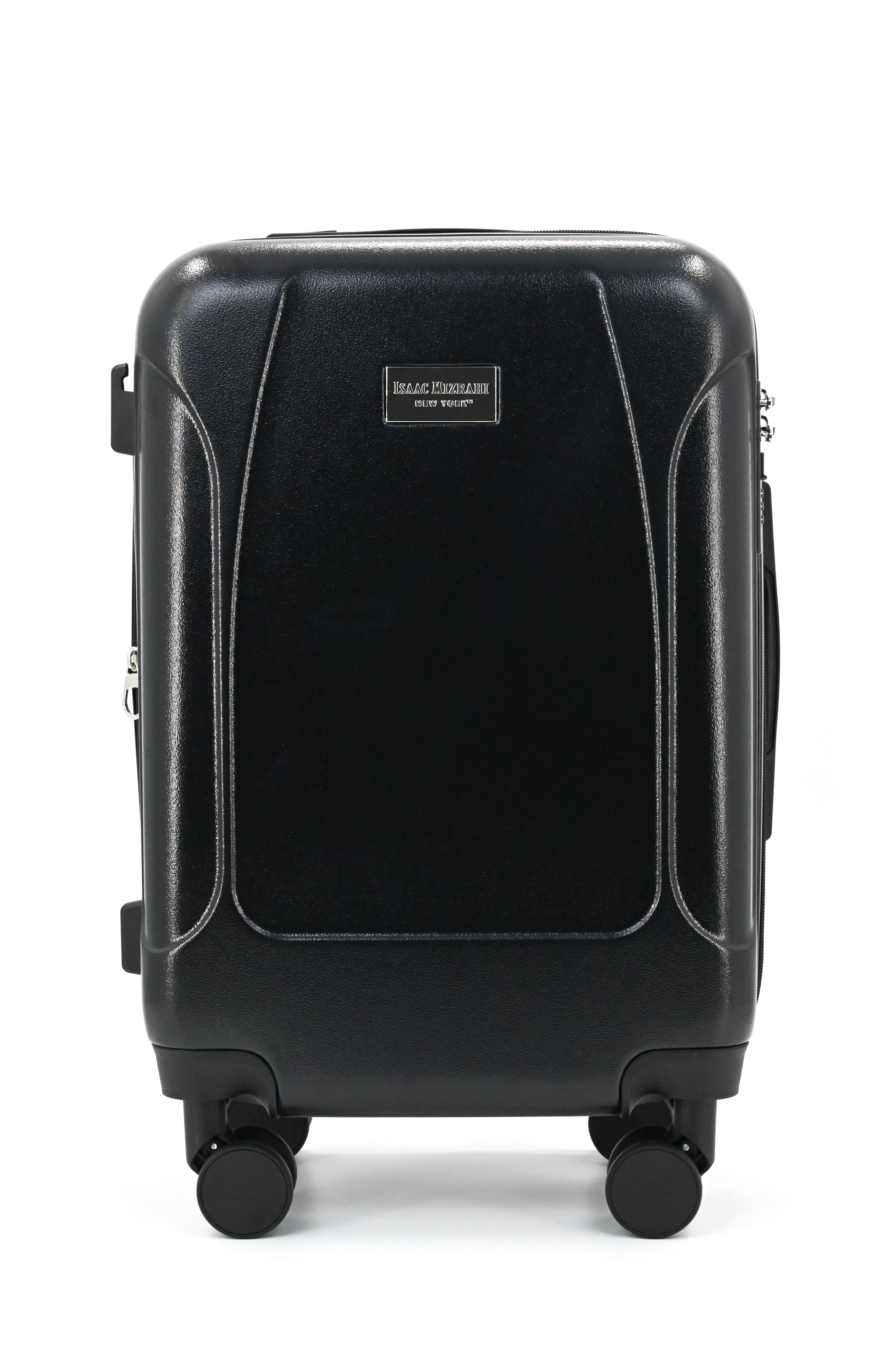 Black suitcase with wheels on a white background