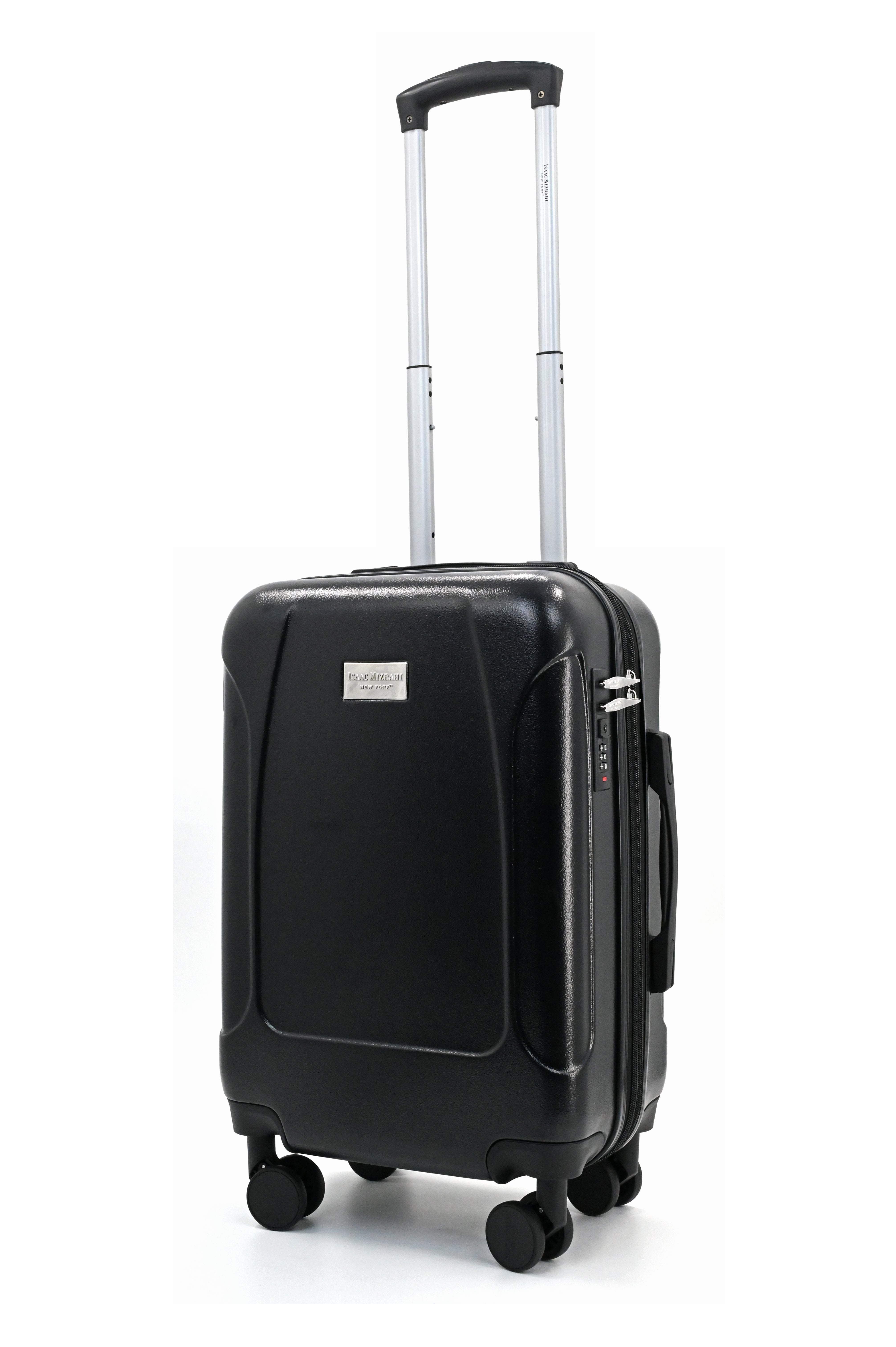 Black suitcase with wheels and handle on a white background