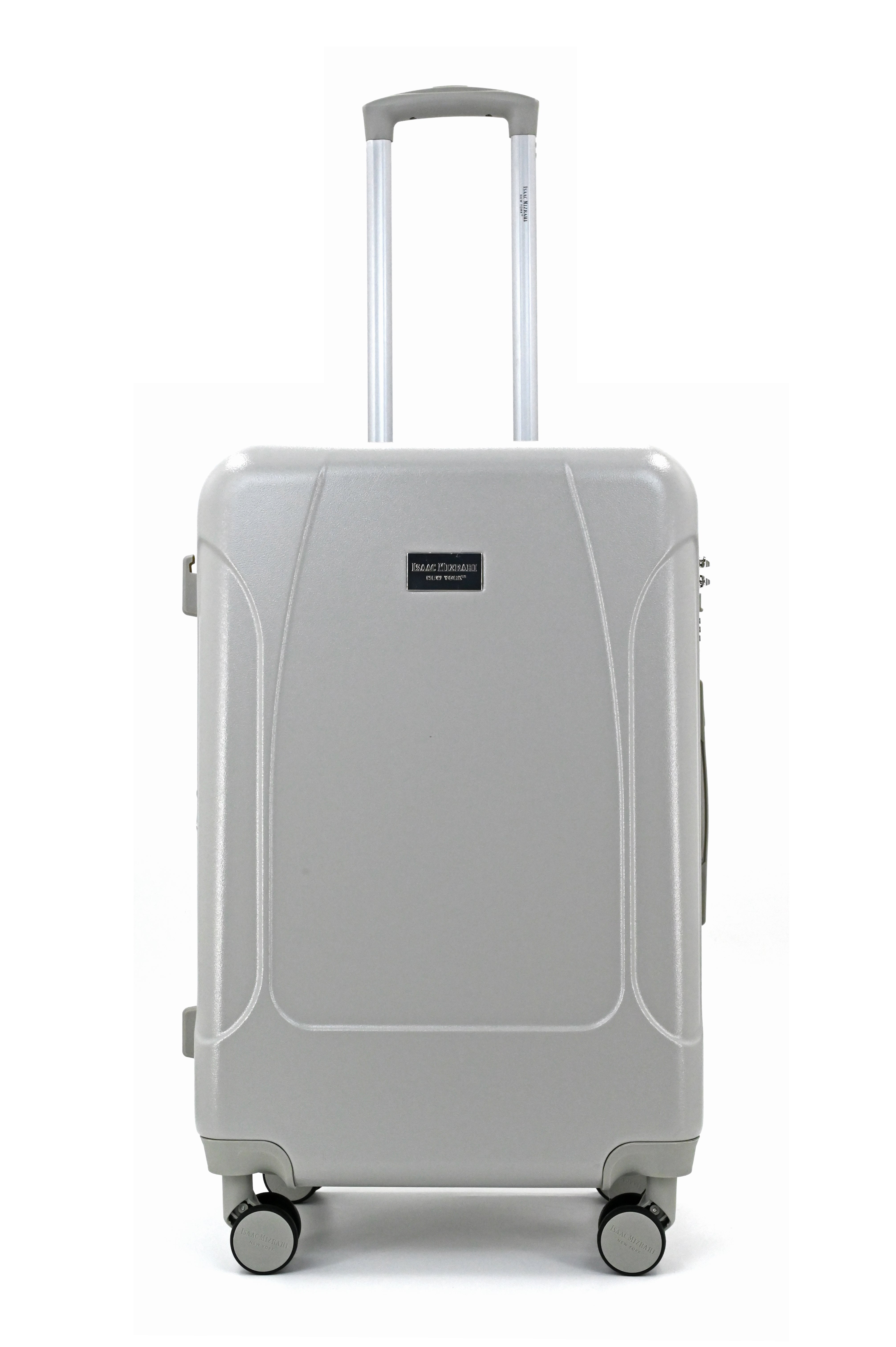 Gray suitcase with a handle and wheels on a white background