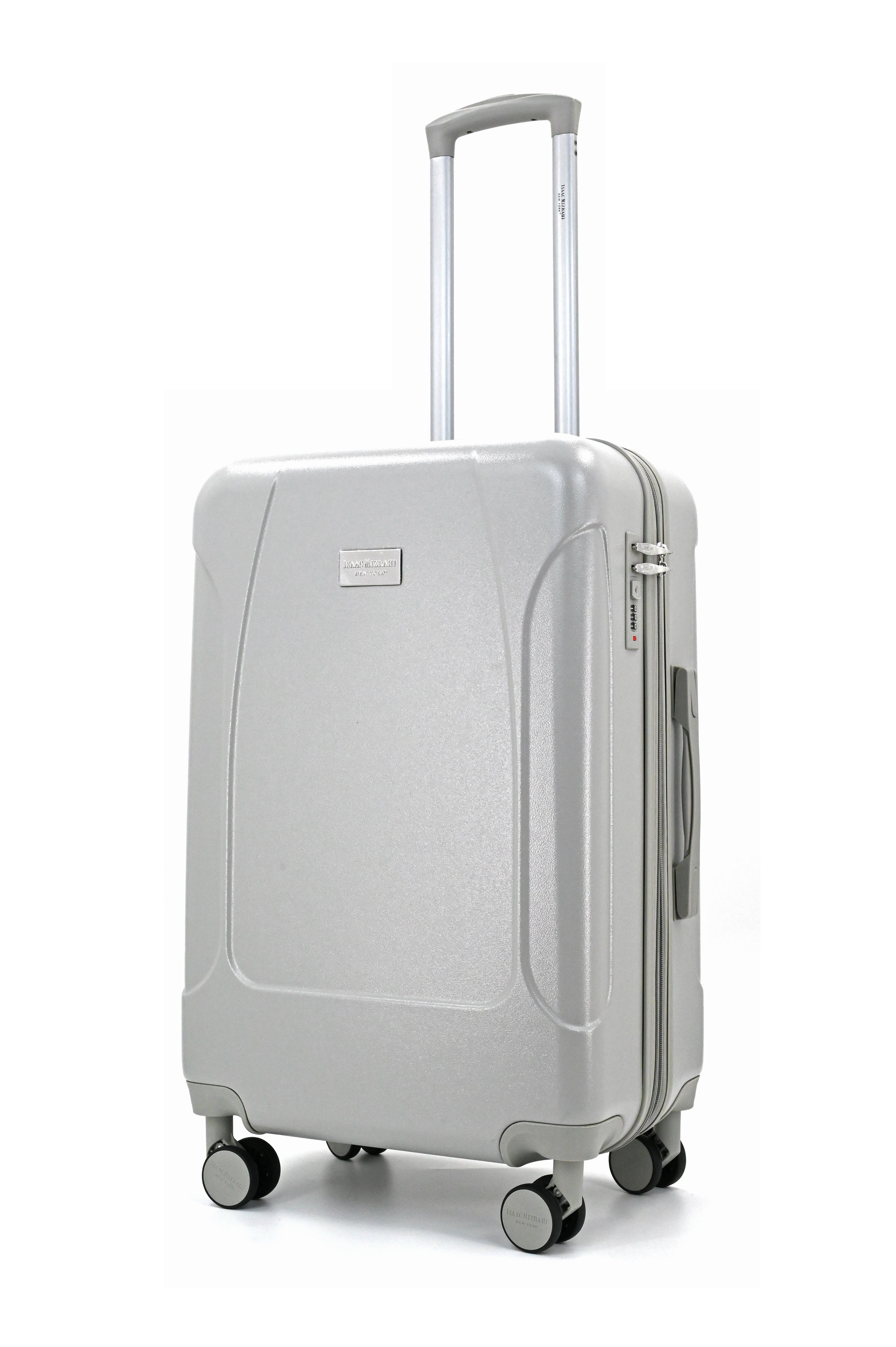 Silver suitcase with wheels on a white background