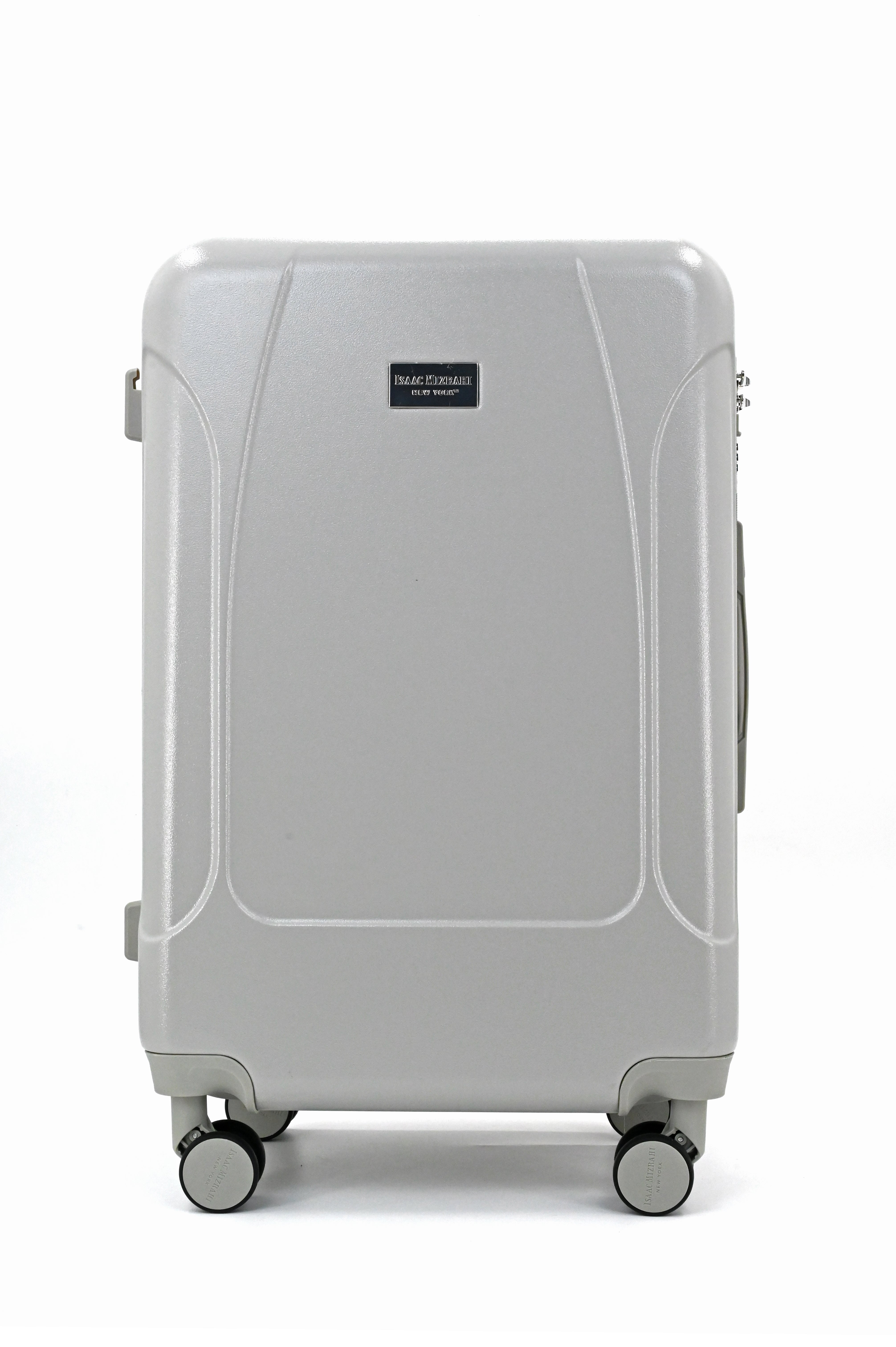 Silver suitcase with wheels on a white background