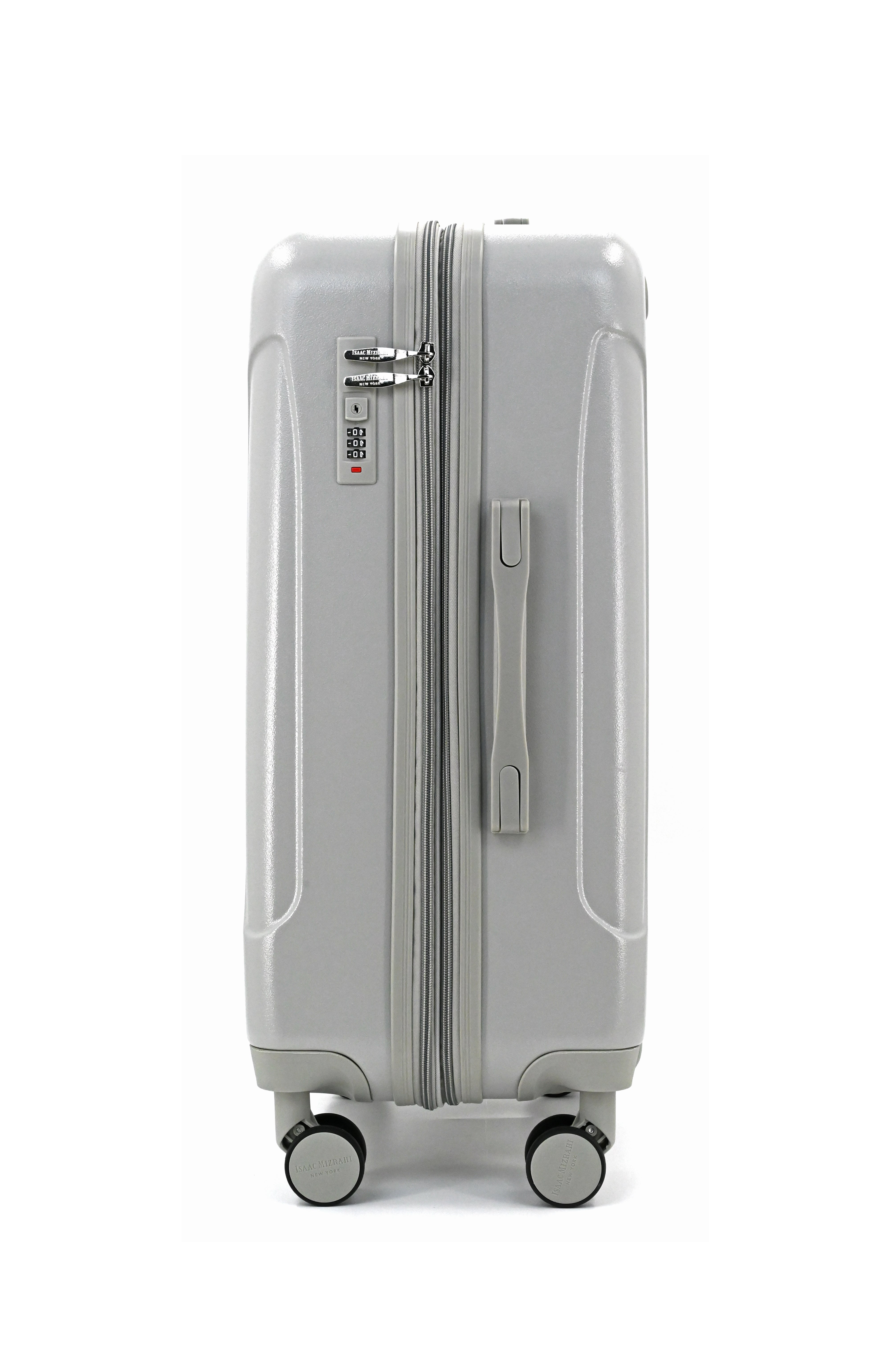 Gray suitcase with wheels on a white background