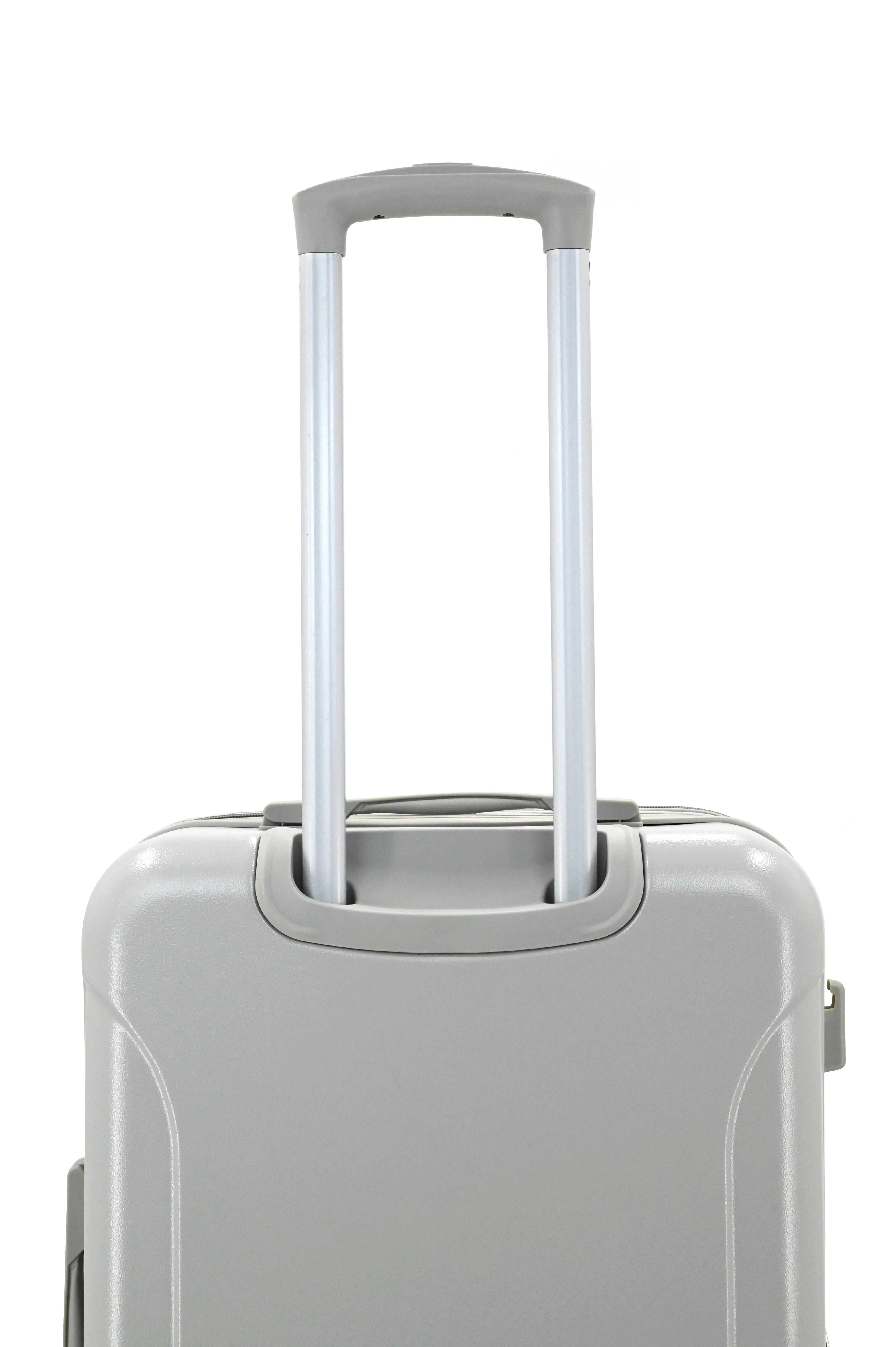 Silver suitcase with a handle on a white background