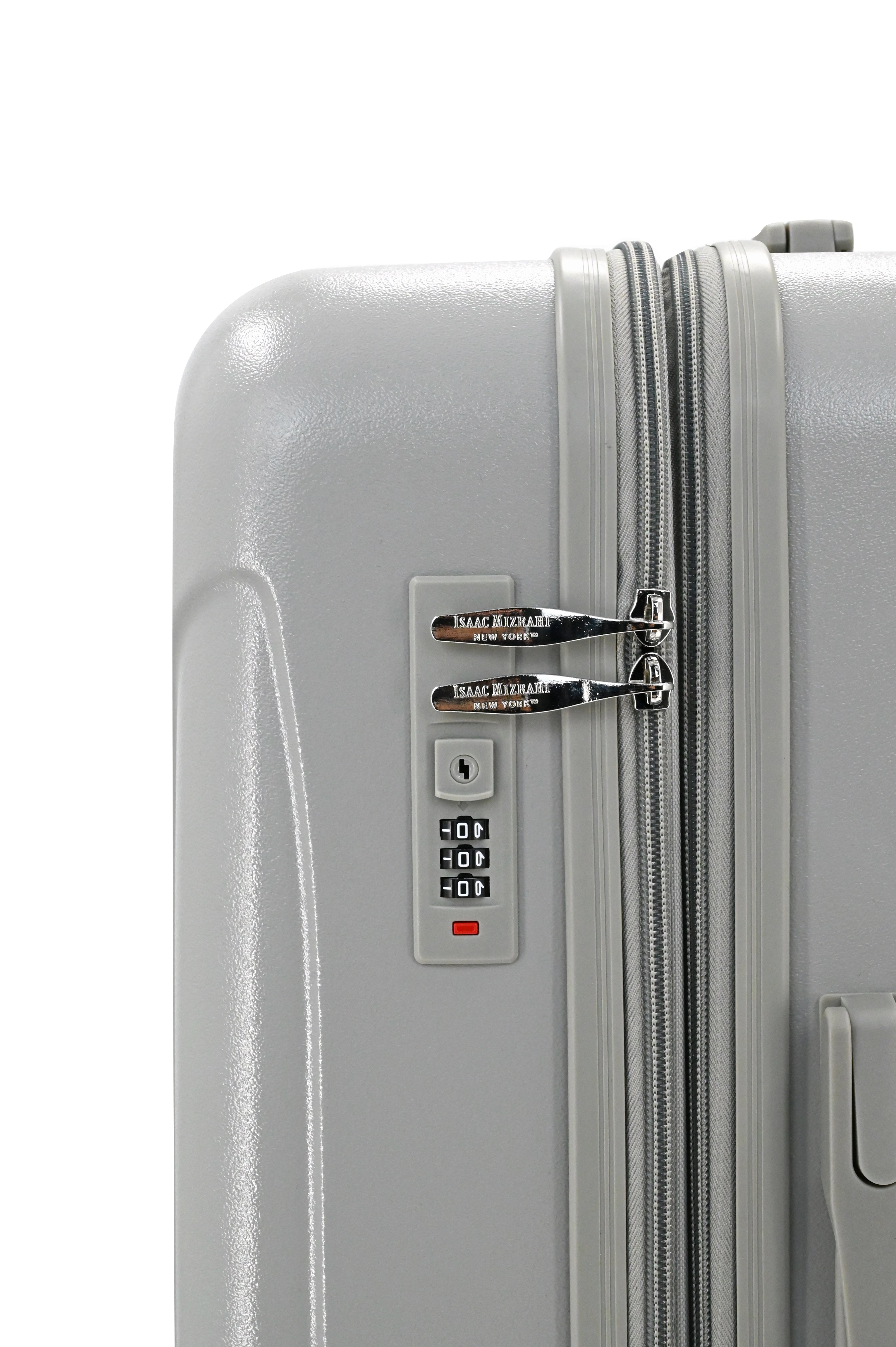 Close-up of a silver suitcase with a combination lock on a white background