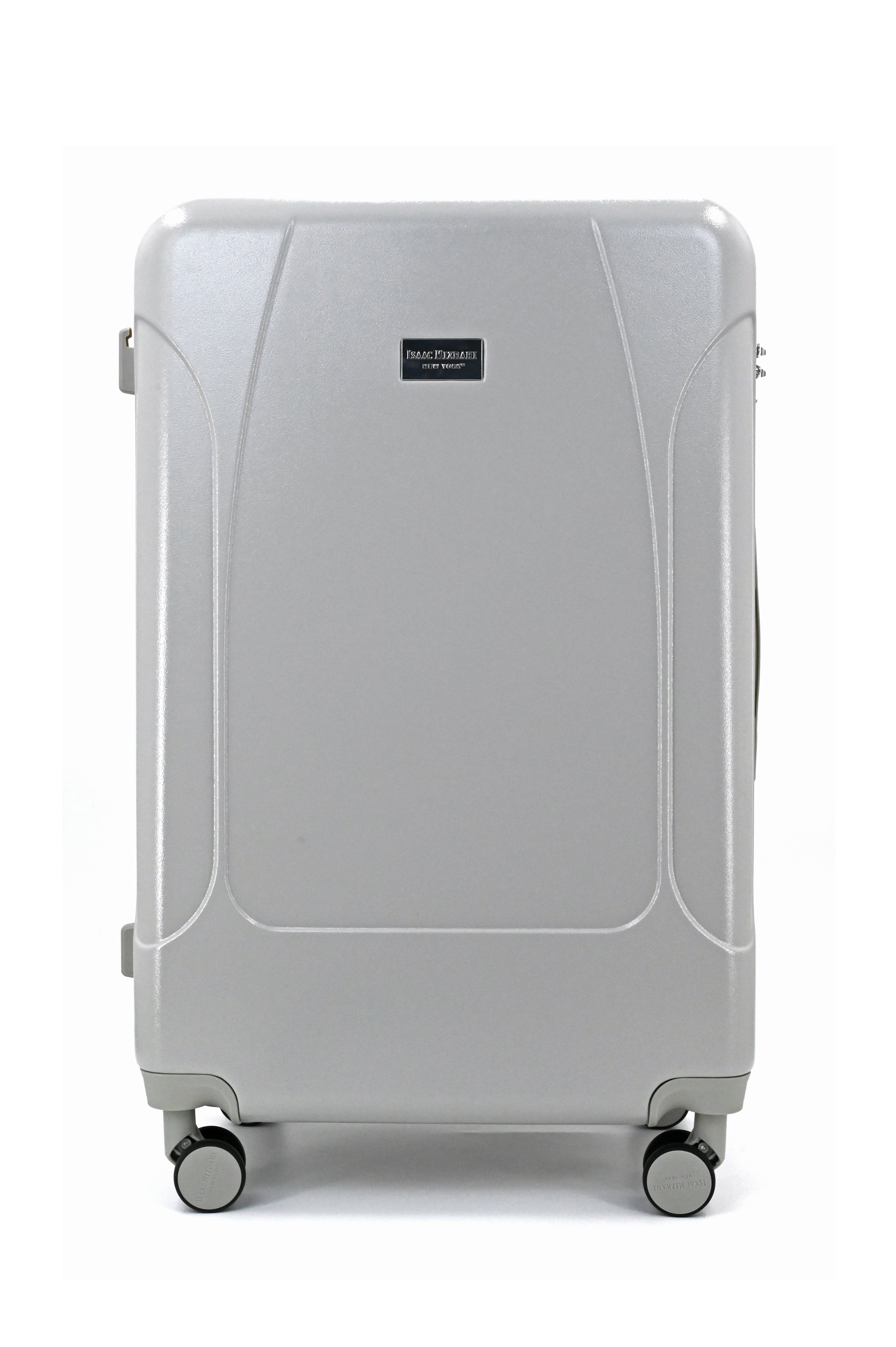 White suitcase with wheels on a white background