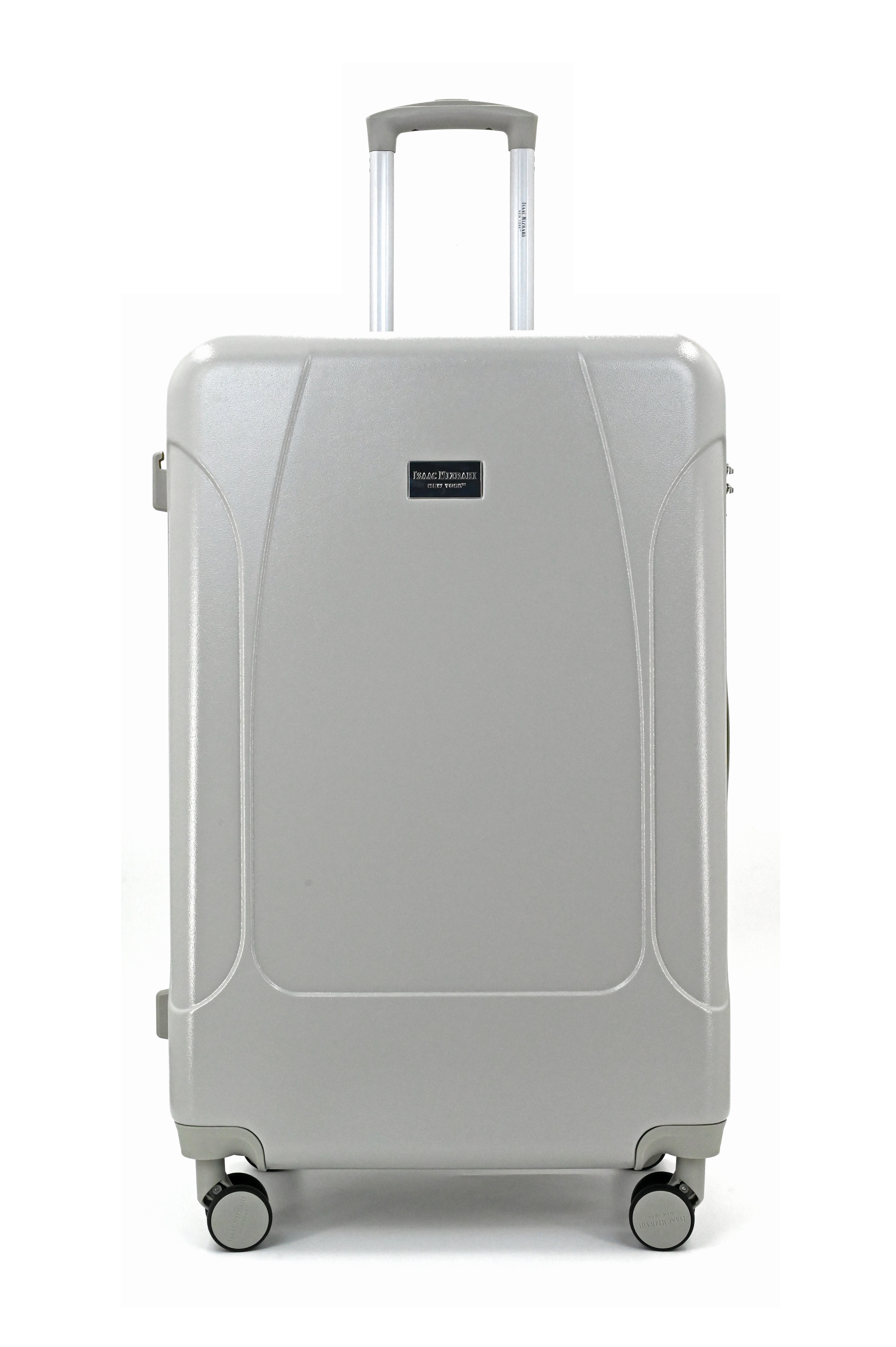 Gray suitcase with a visible brand label on a white background