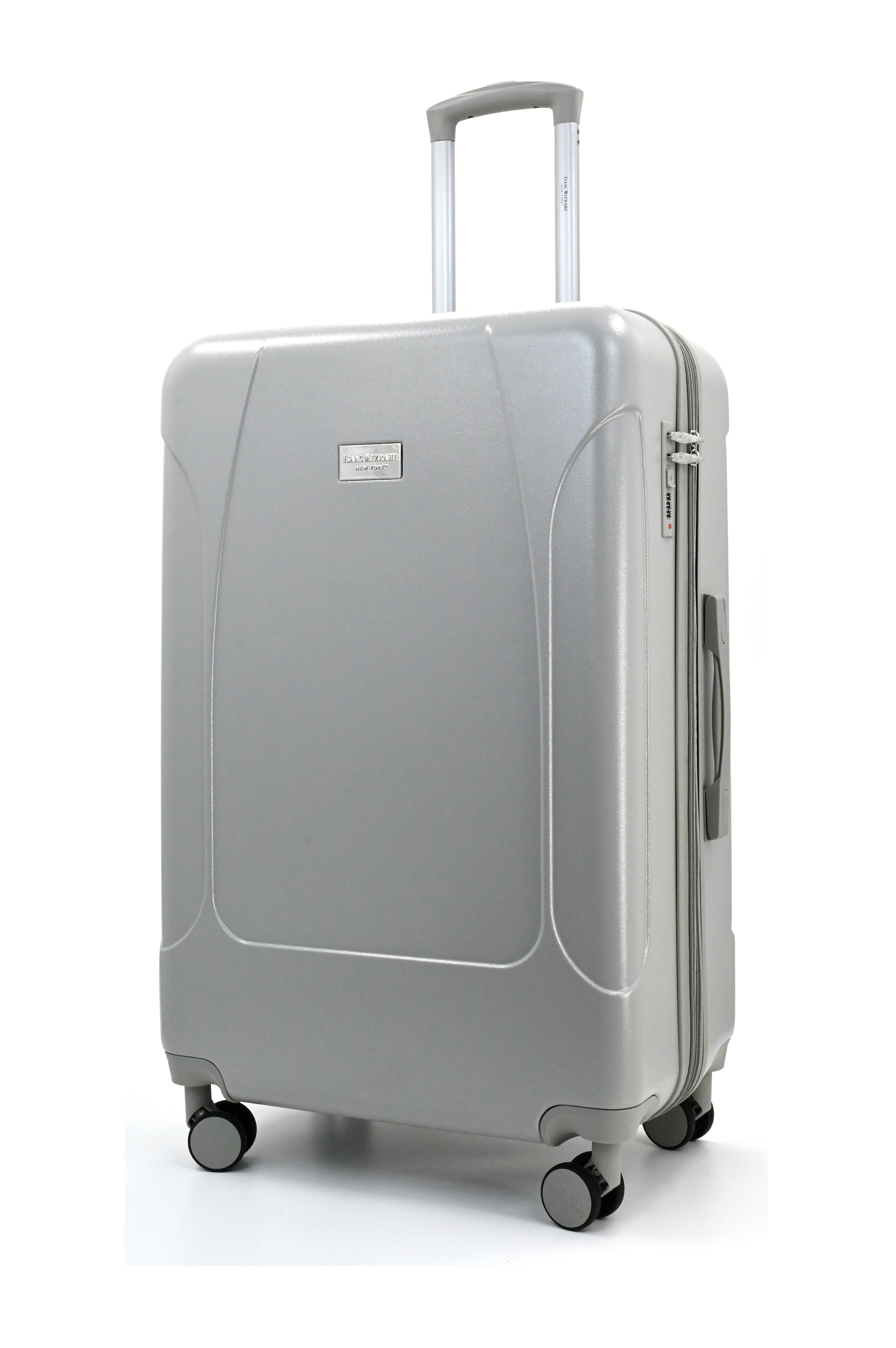 Silver suitcase with wheels on a white background