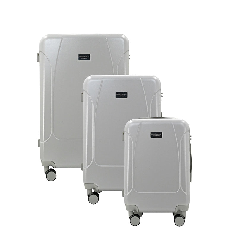 Three gray suitcases of different sizes on a white background