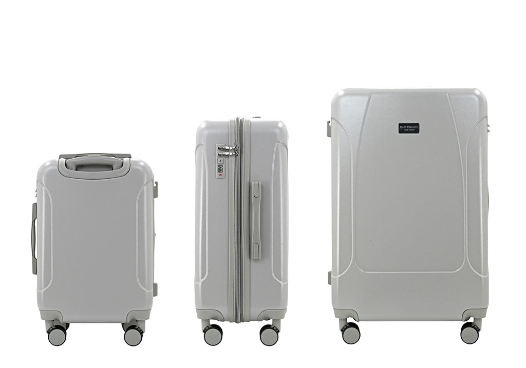 Three gray suitcases of different sizes on a white background