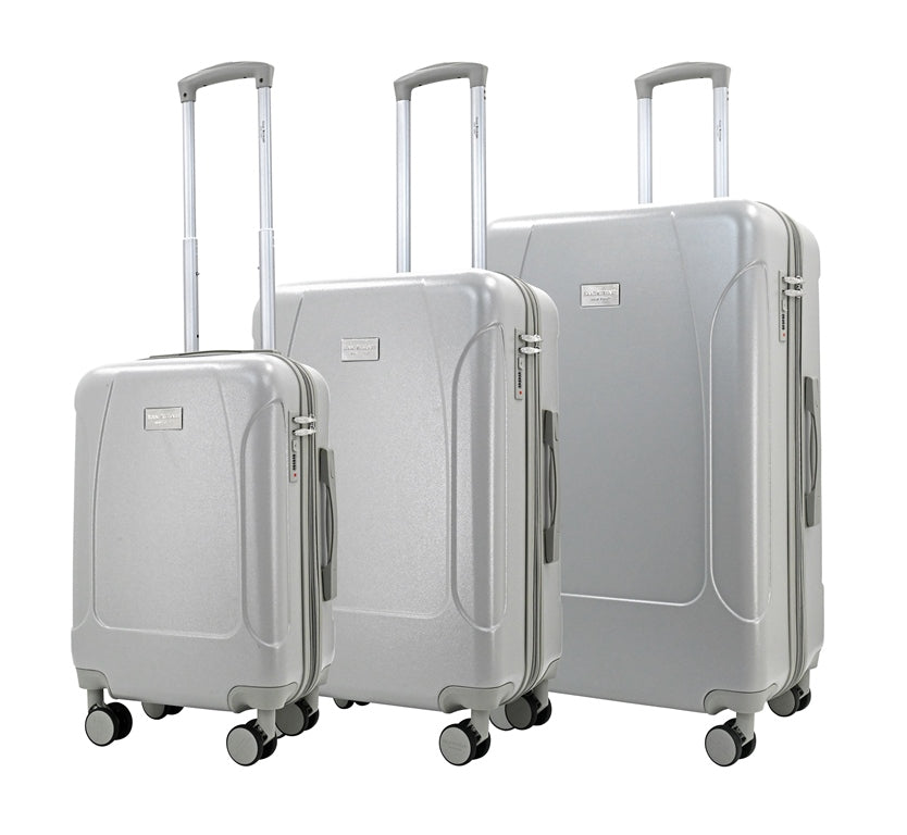 Set of three gray suitcases with wheels on a white background
