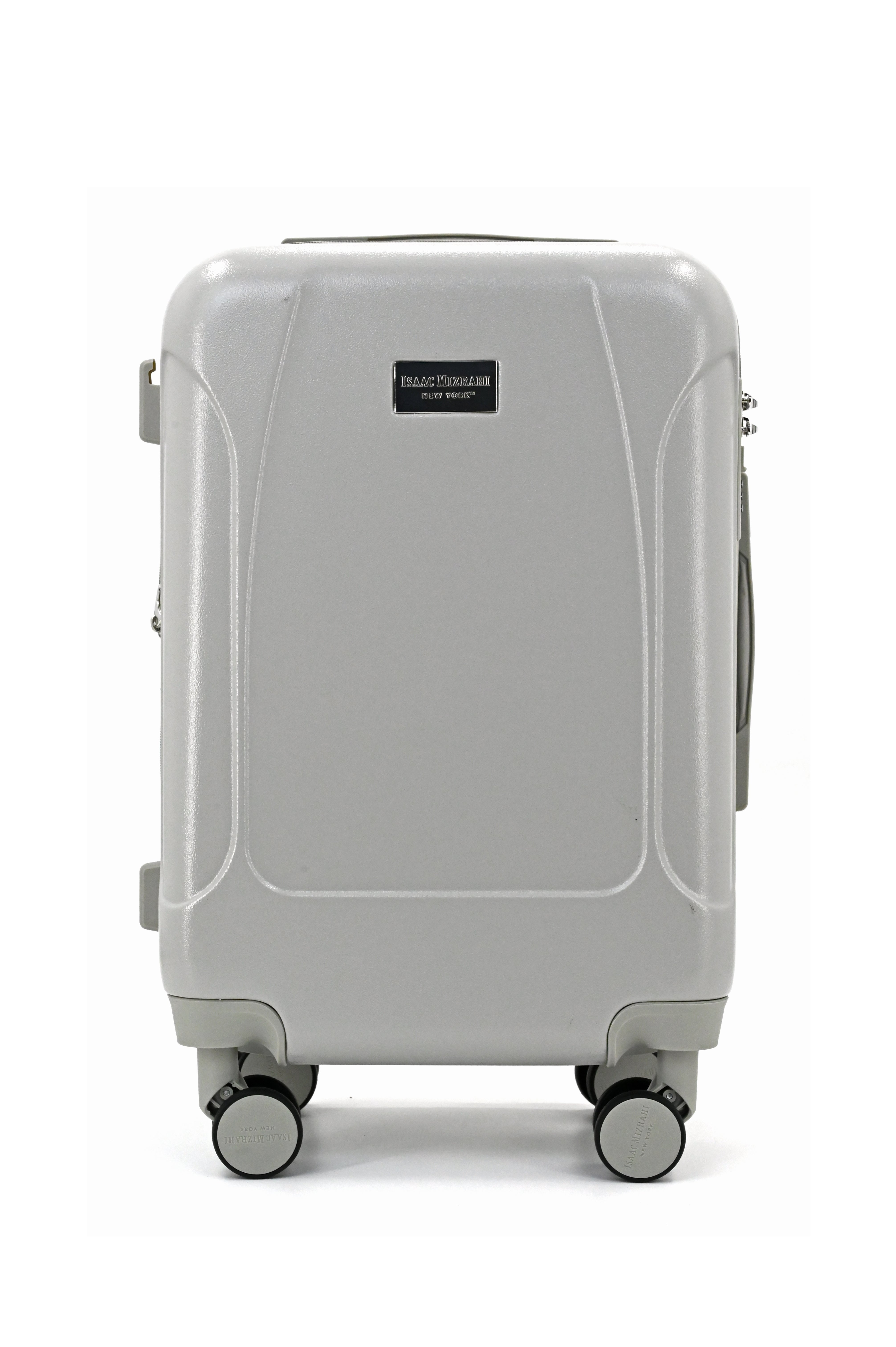 Gray suitcase with wheels on a white background
