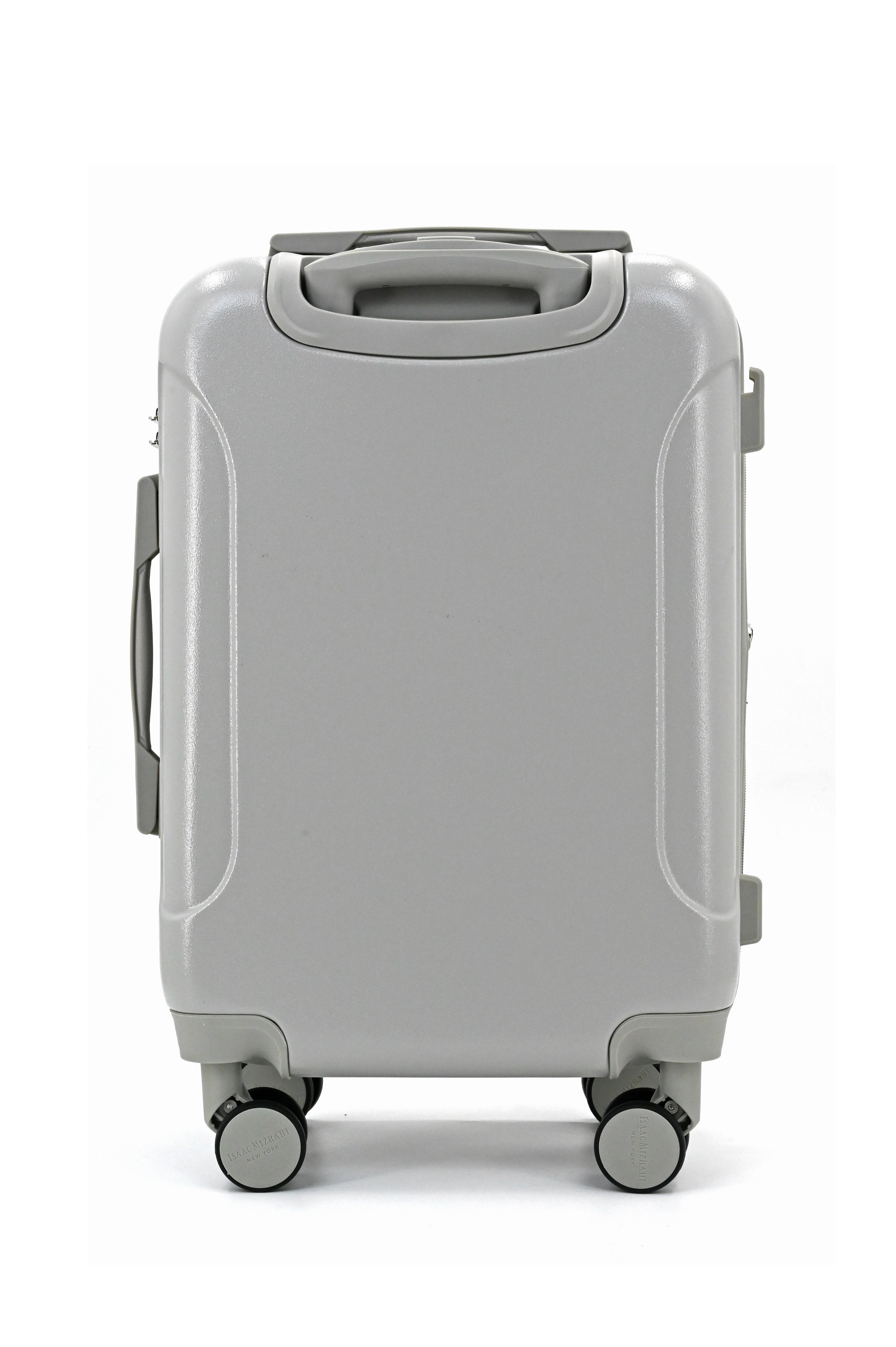 Gray suitcase with wheels on a white background