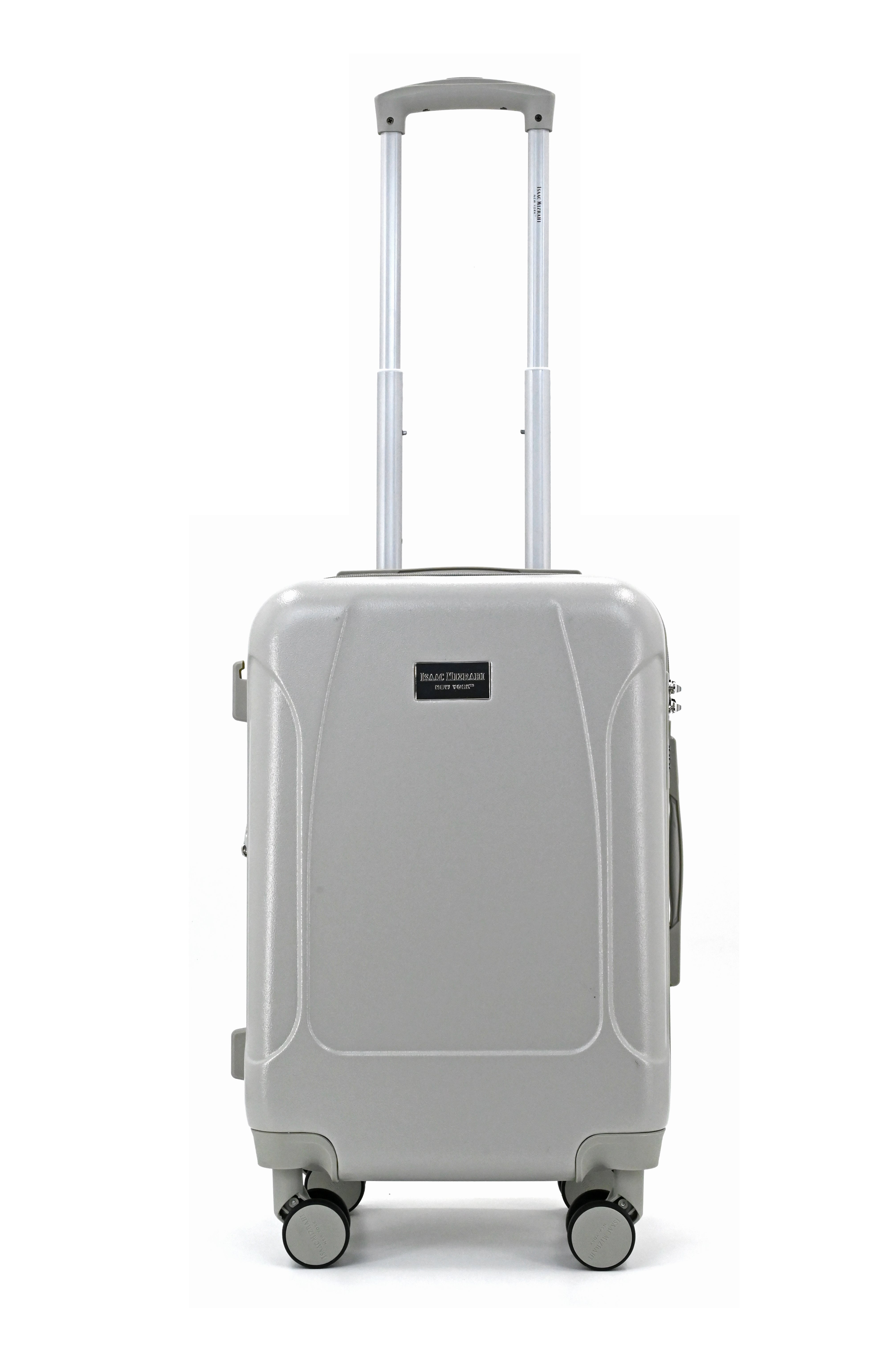 Gray suitcase with wheels and a handle on a white background