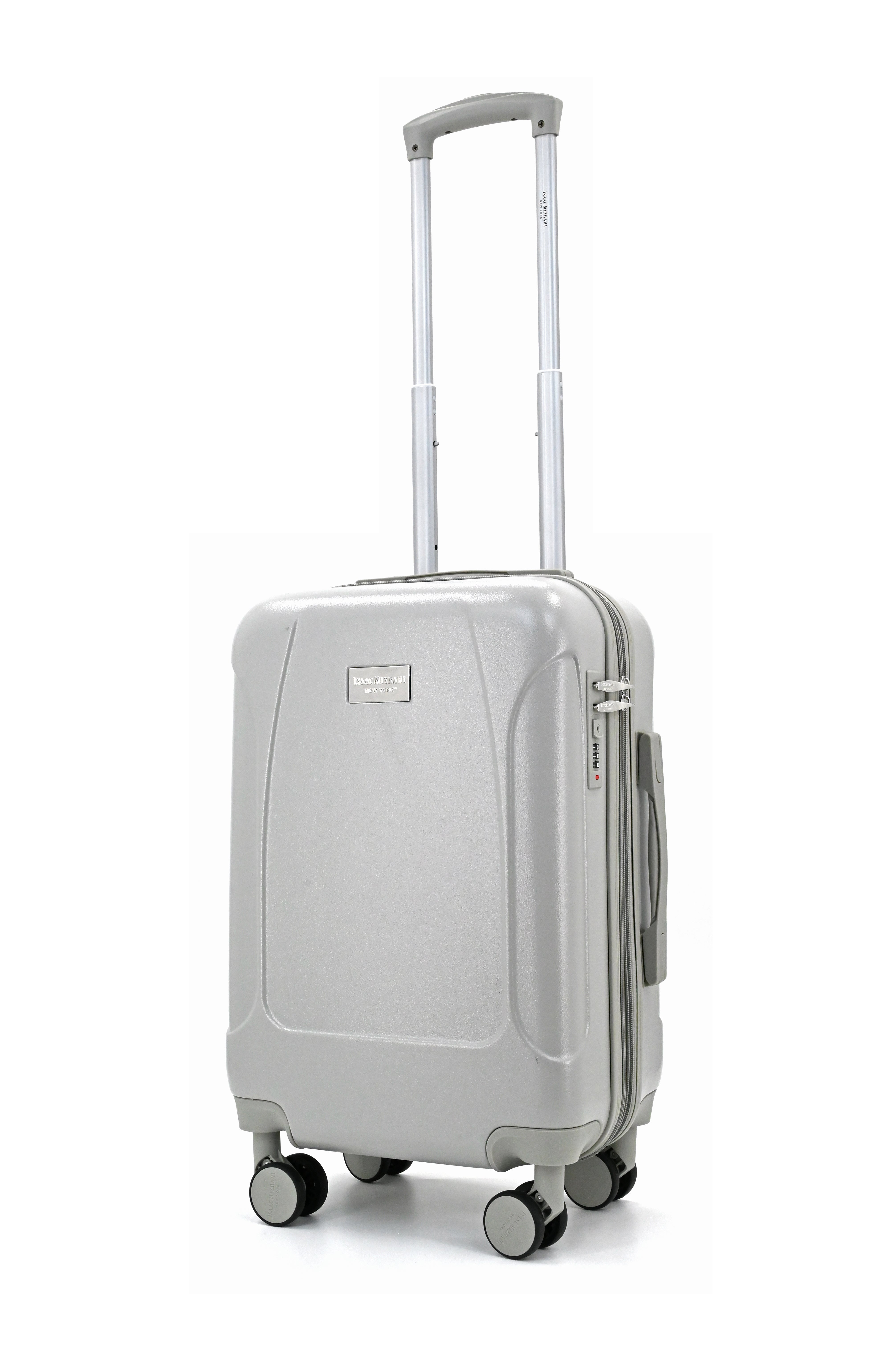 Silver suitcase with wheels on a white background