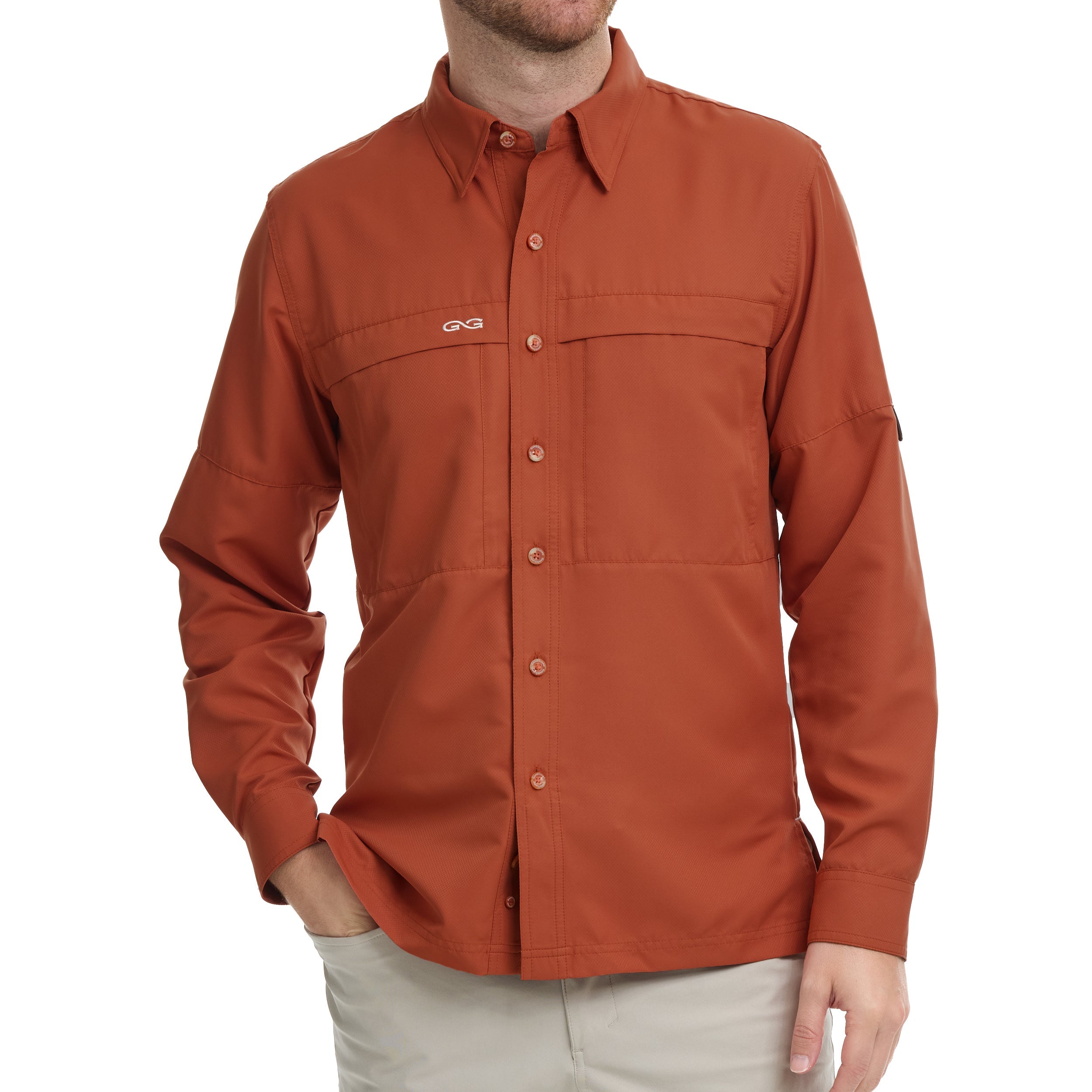 Orange button-up shirt with a brand logo on a white background