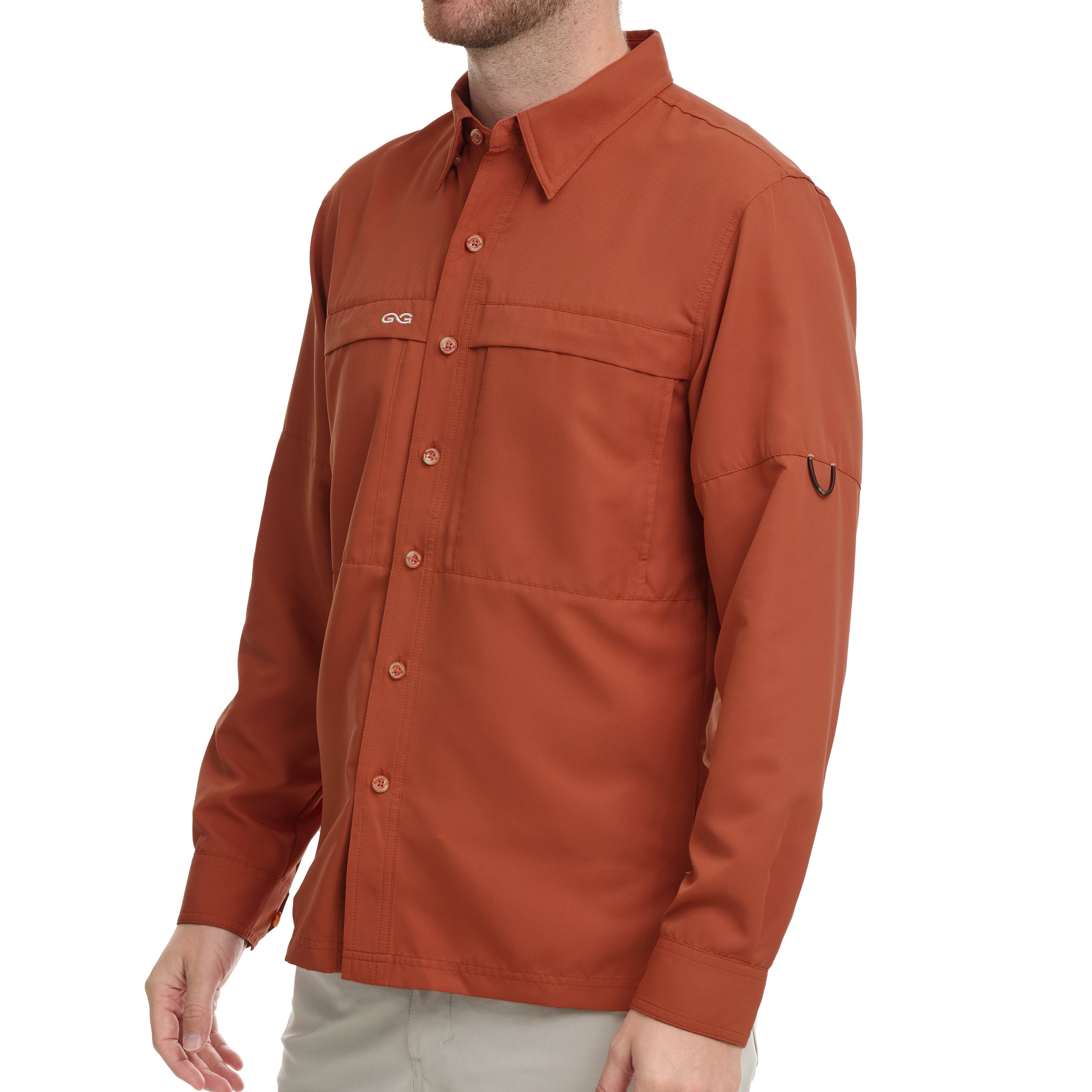 Orange shirt with button details on a white background