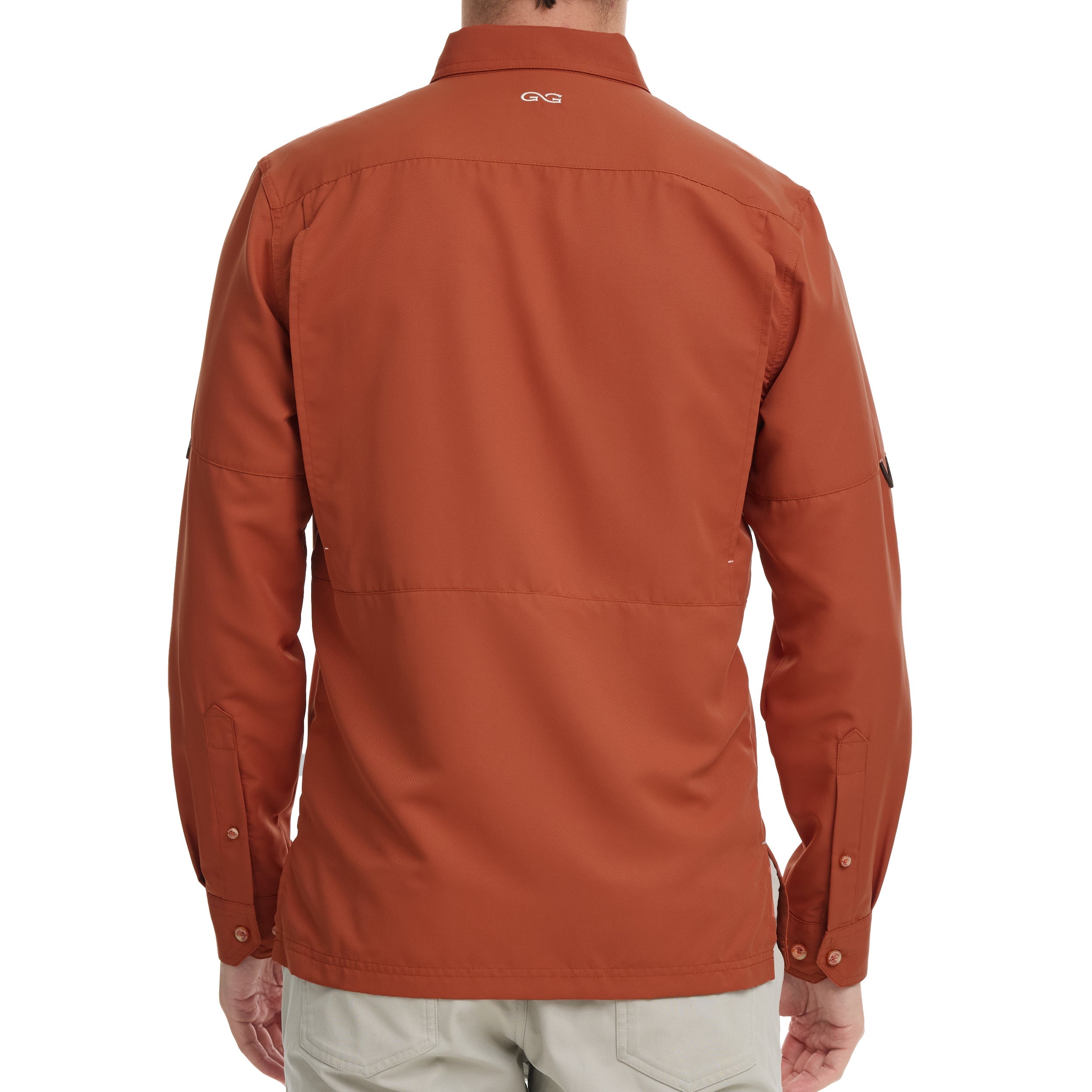 Brown jacket worn by a person on a white background