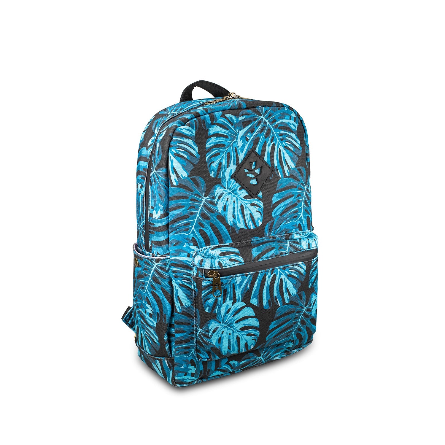 Blue and black tropical leaf pattern backpack on a white background