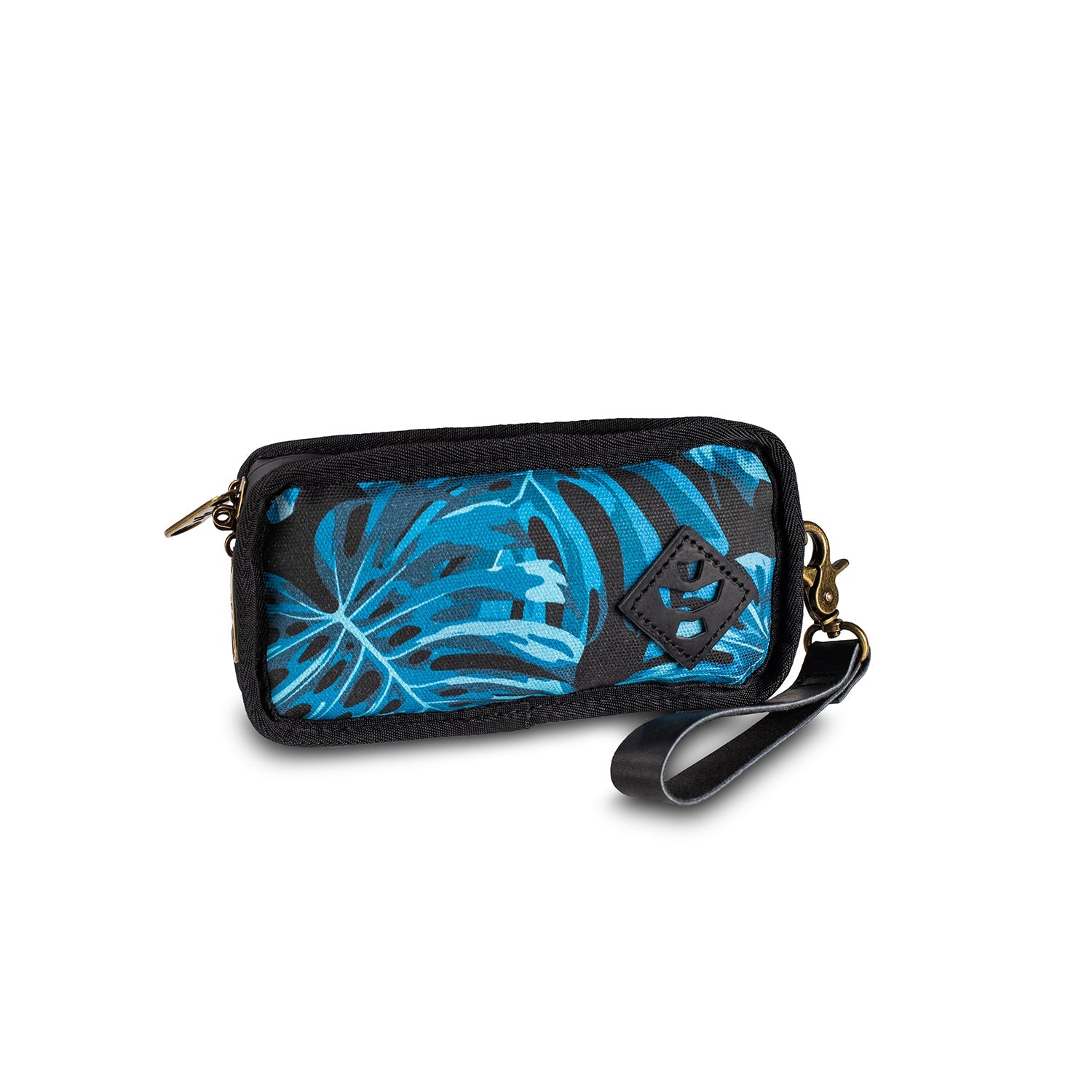 Small wallet with blue leaf pattern on a white background