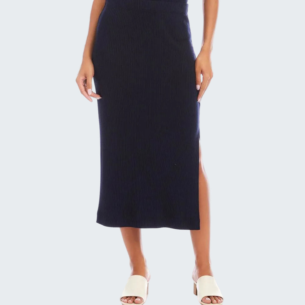 Navy blue pencil skirt with a slit on a white background
