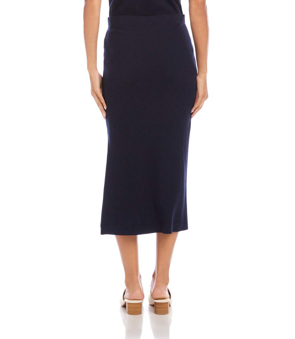 Navy blue pencil skirt worn by a person on a white background