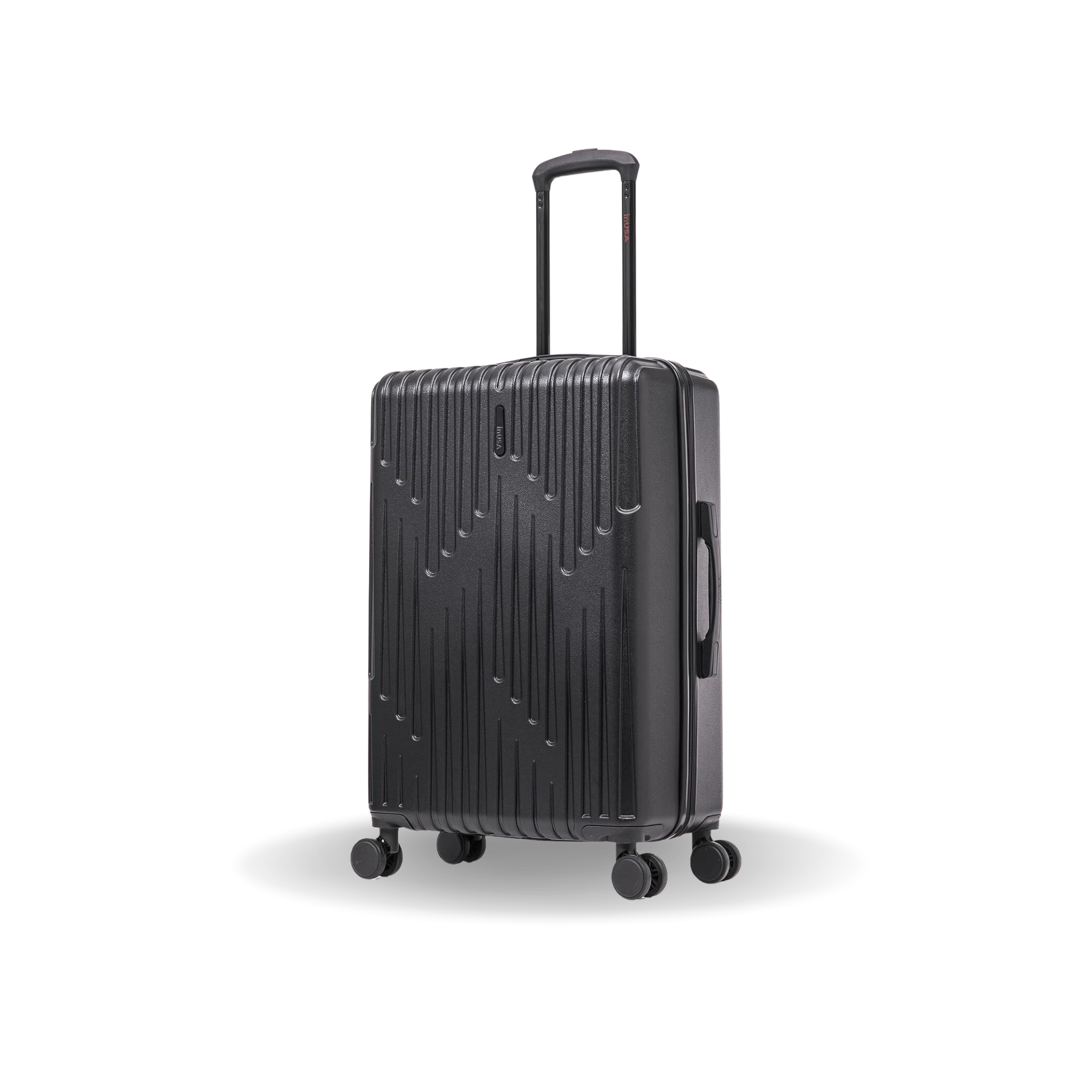 Black suitcase with a textured surface on a white background
