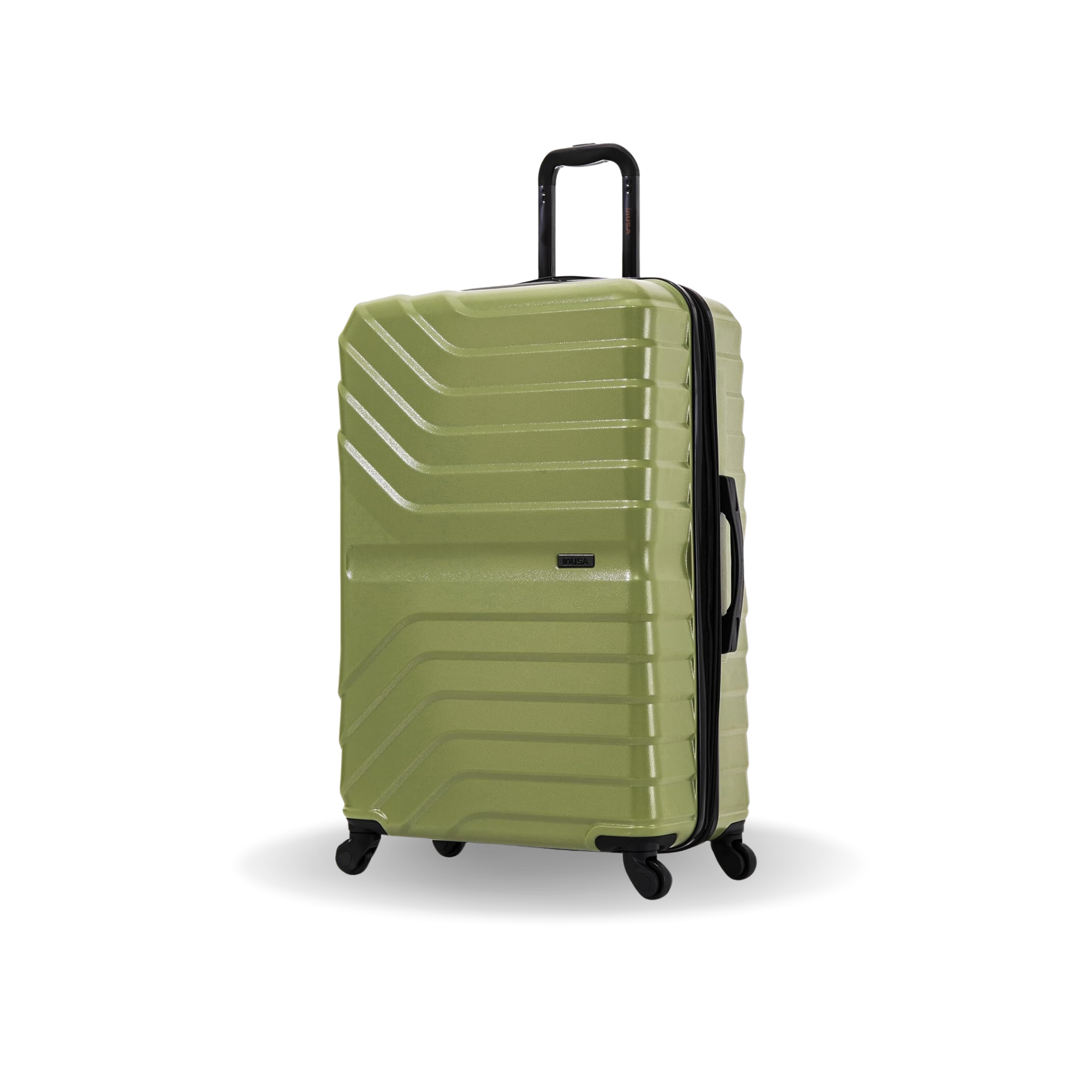 Green suitcase with black handle and wheels on a white background