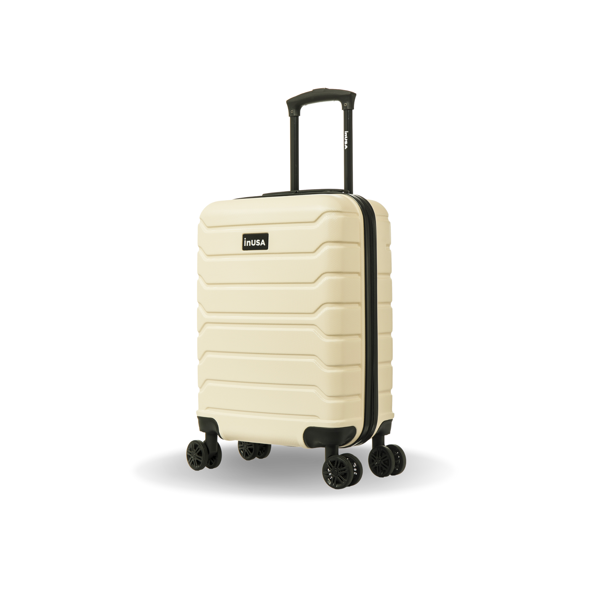 Beige suitcase with black wheels and handle on a white background
