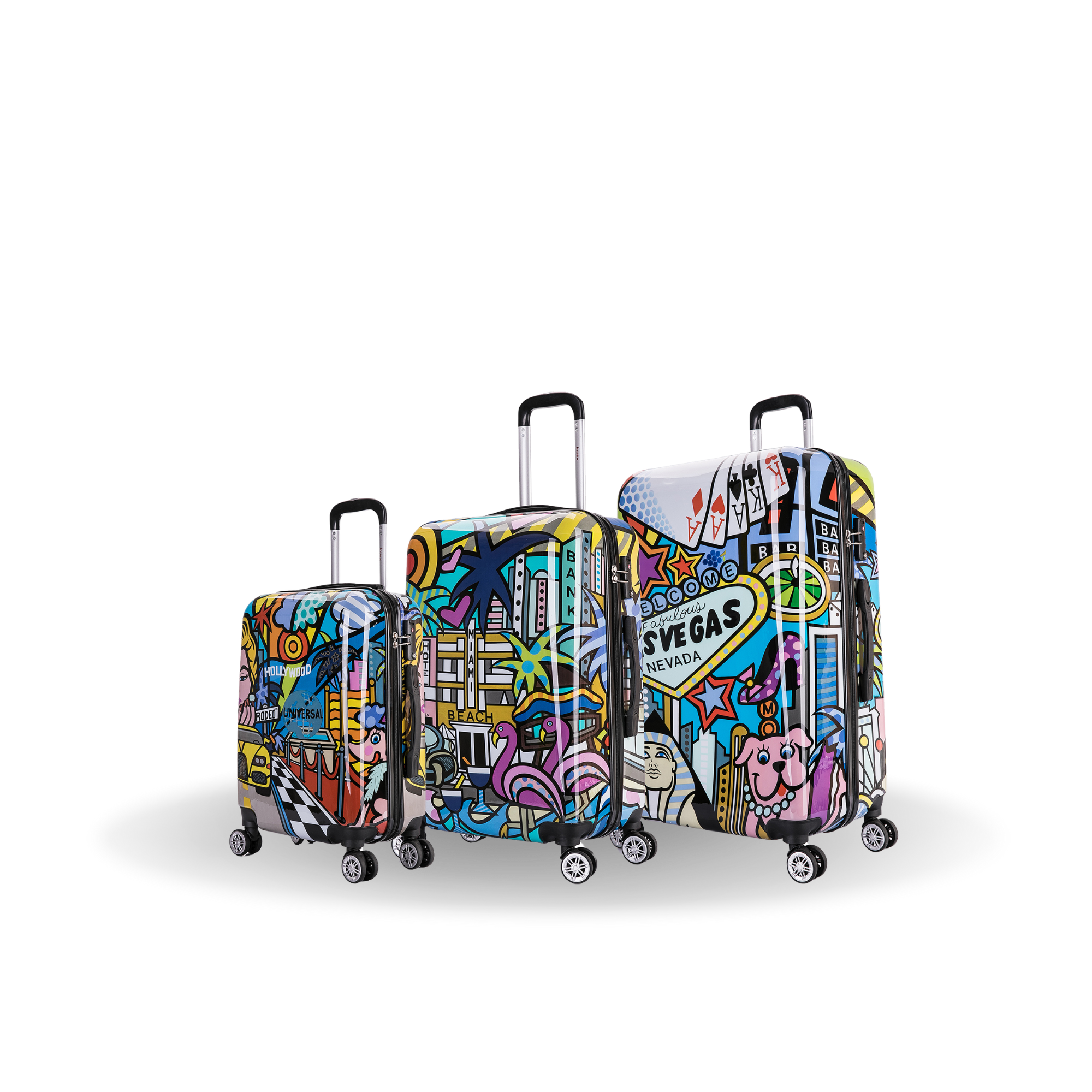 Set of colorful suitcases with Las Vegas-themed design on a white background