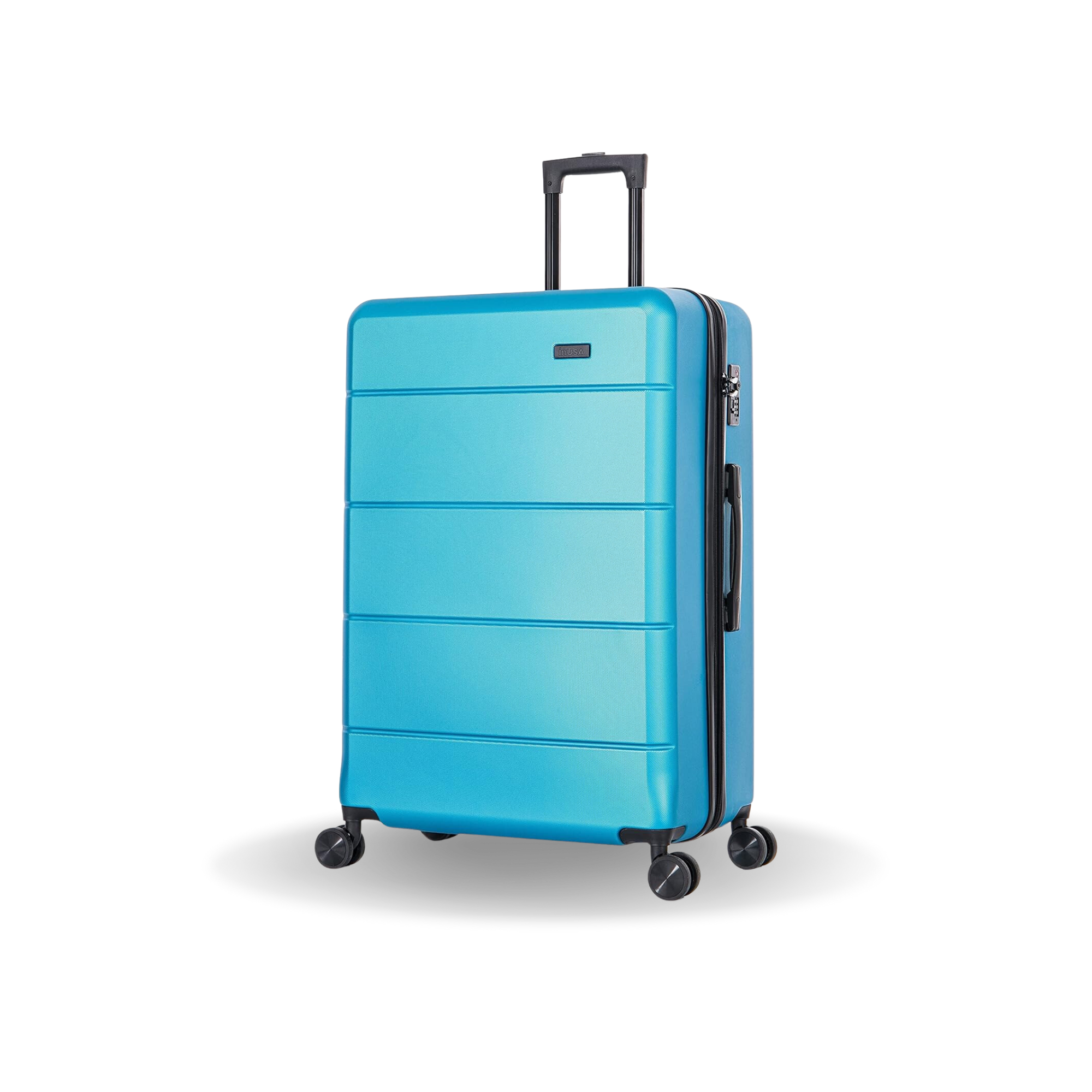 Blue suitcase with black wheels on a white background