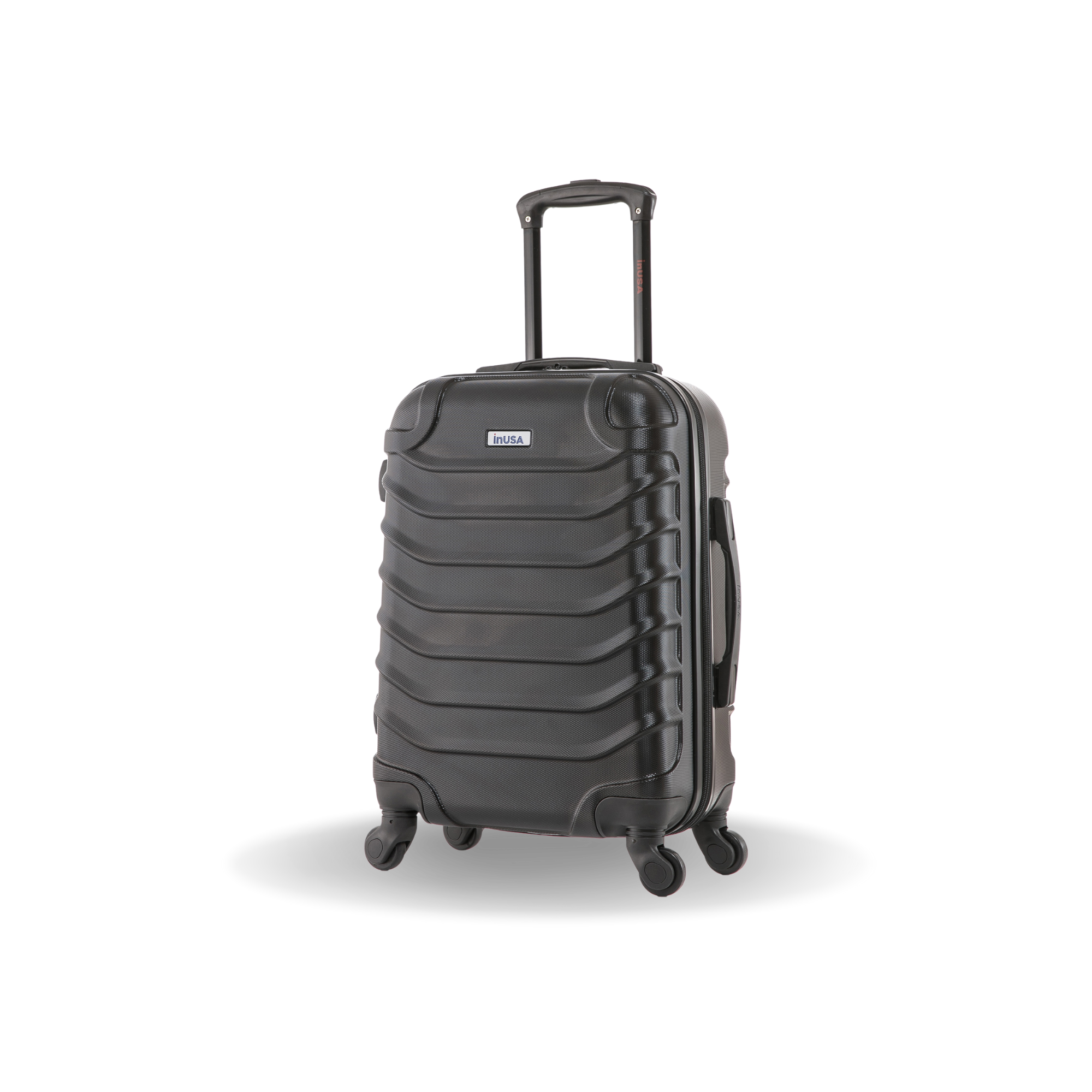 Gray suitcase with wheels on a white background