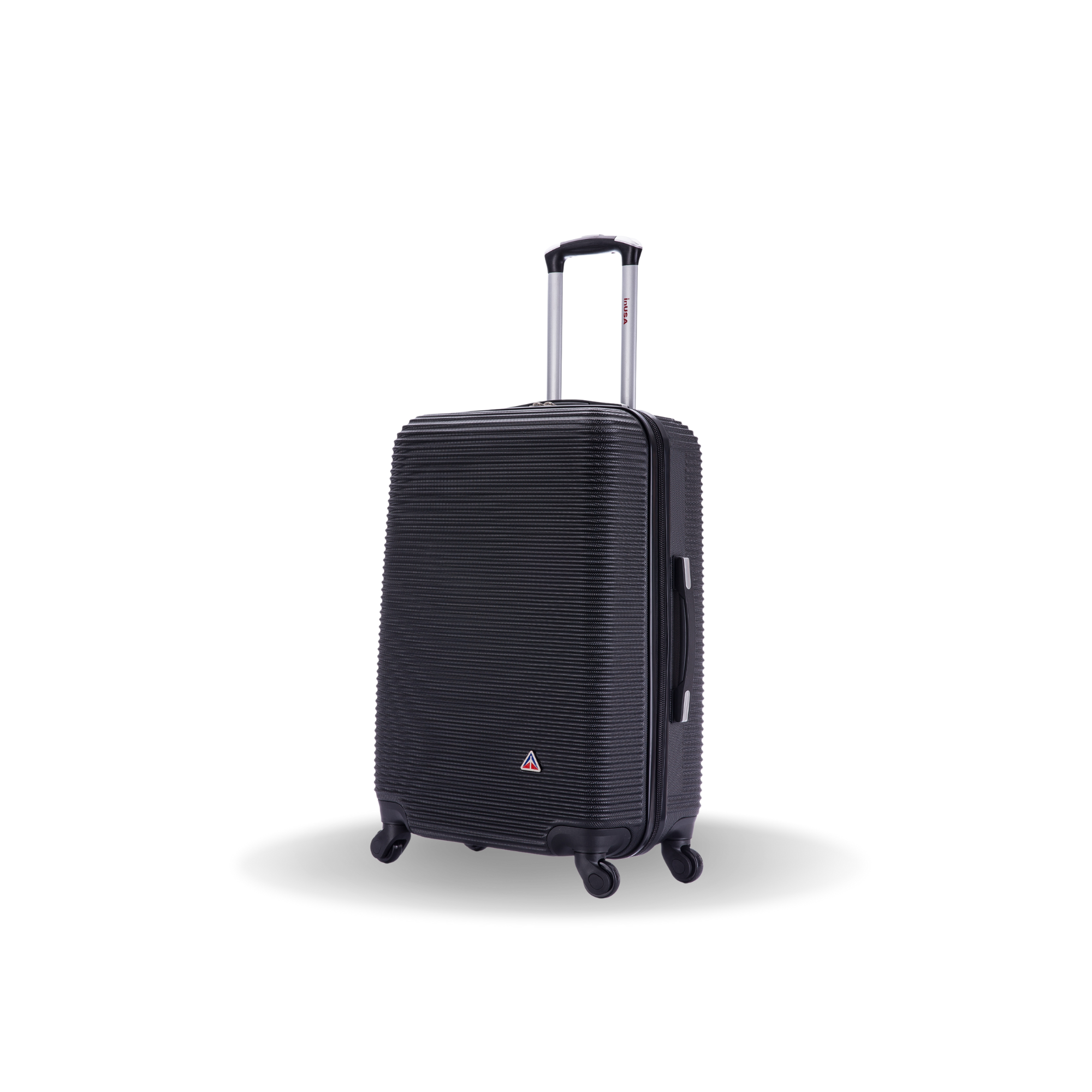 Black suitcase with a textured surface on a white background
