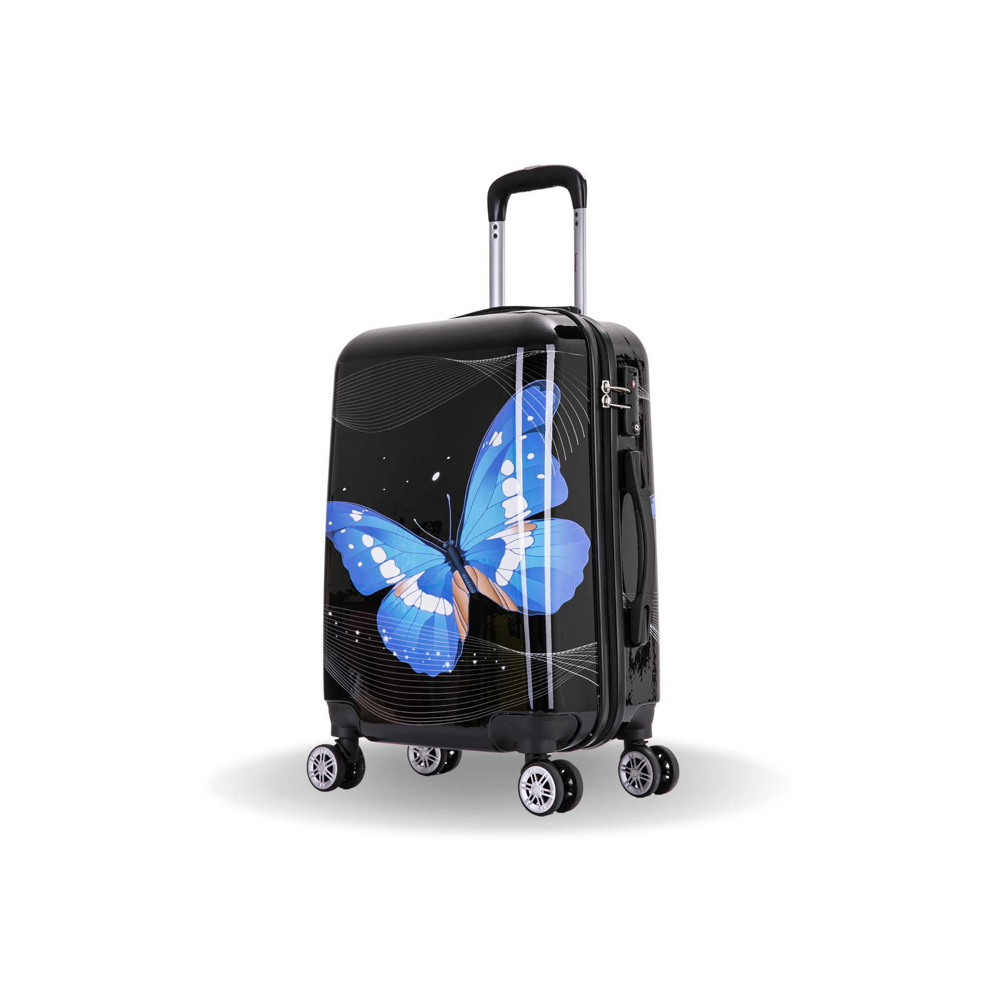 Black suitcase with blue butterfly design on a white background