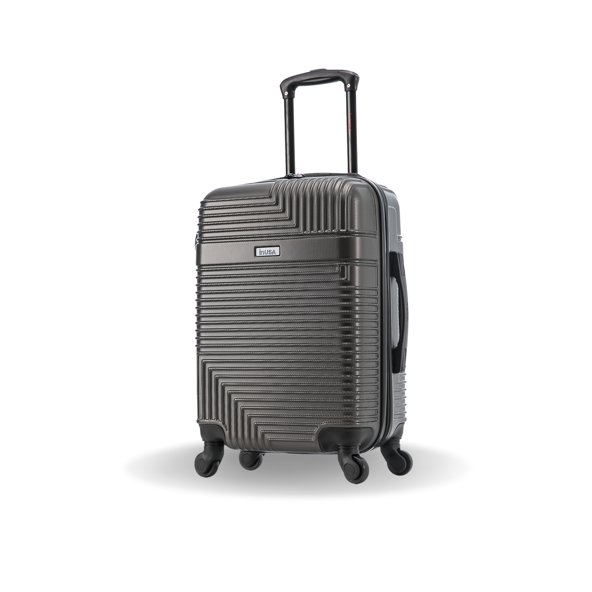 Gray suitcase with a geometric pattern on a white background