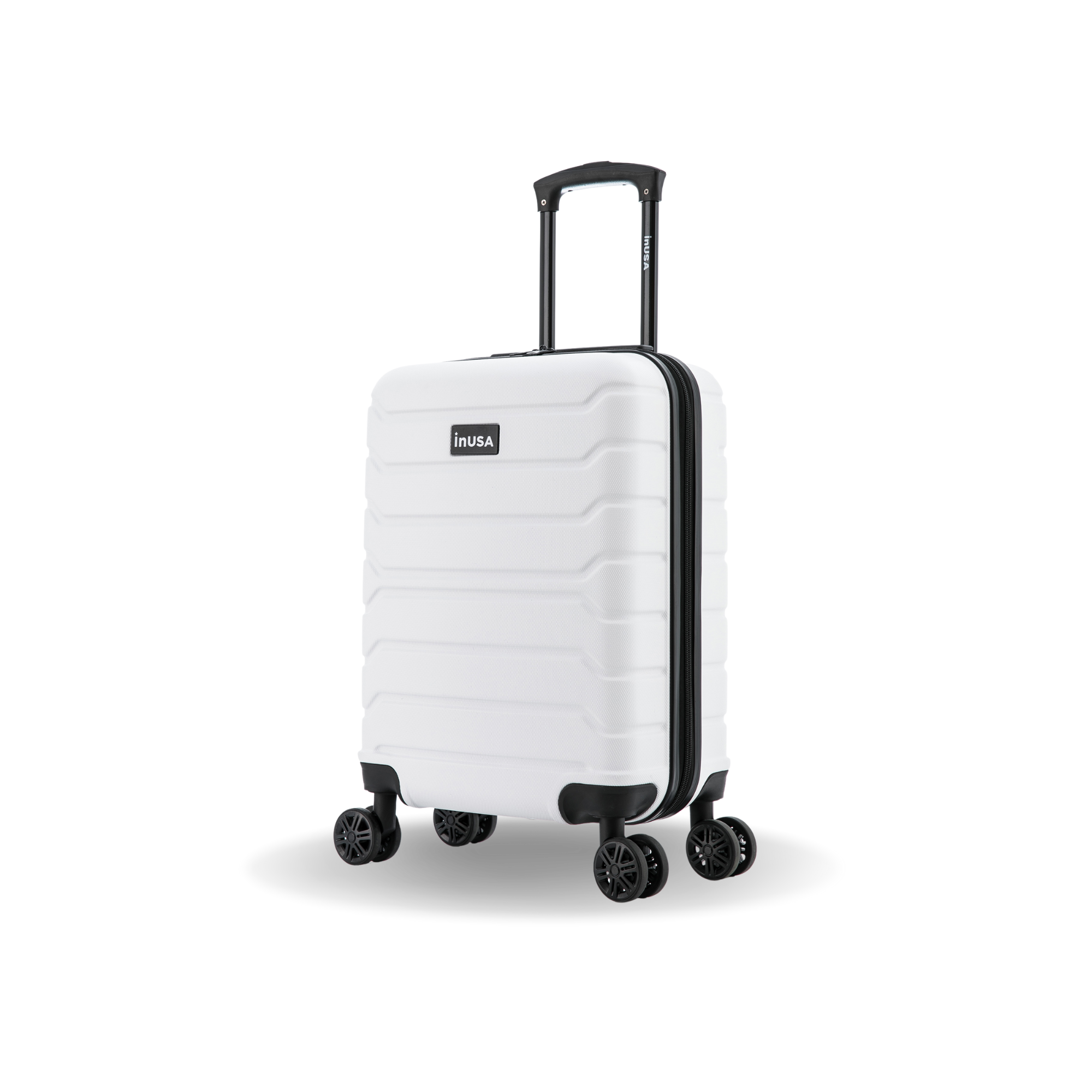White suitcase with black wheels and handle on a white background