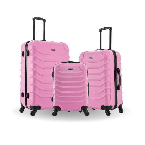 Set of three pink suitcases with black wheels on a white background