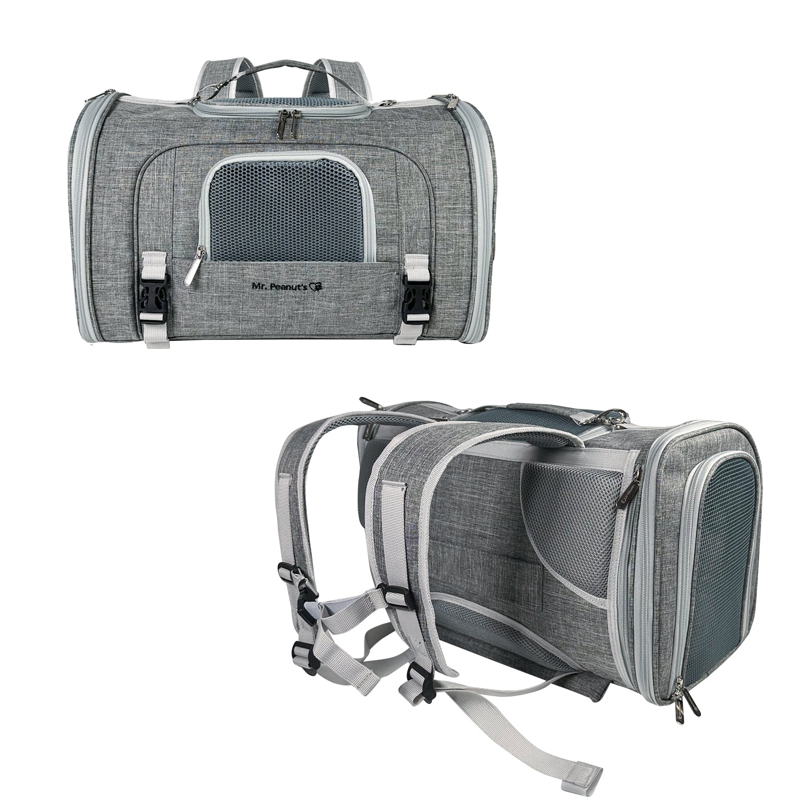Gray pet carrier with backpack straps on a white background