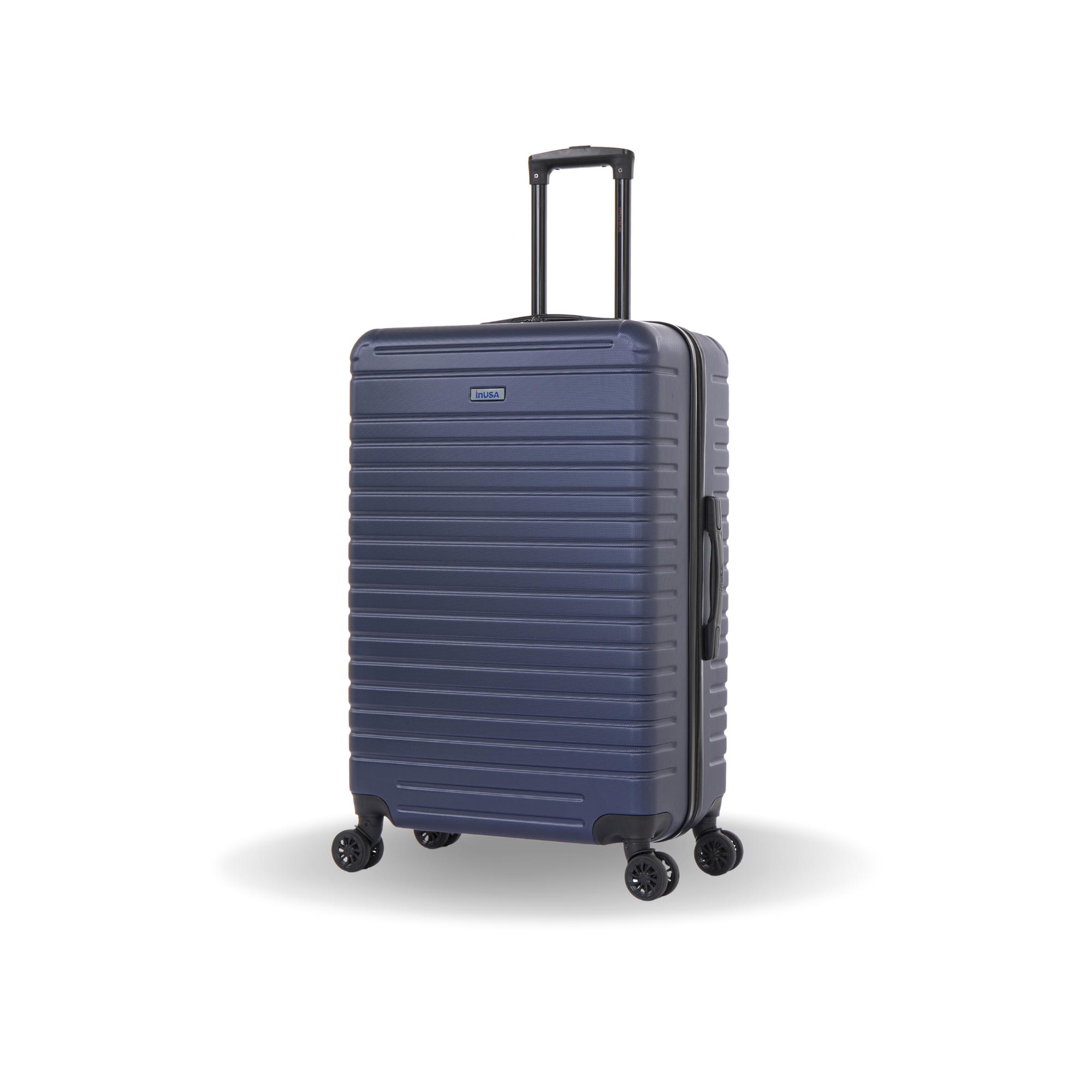 Blue suitcase with a black handle on a white background