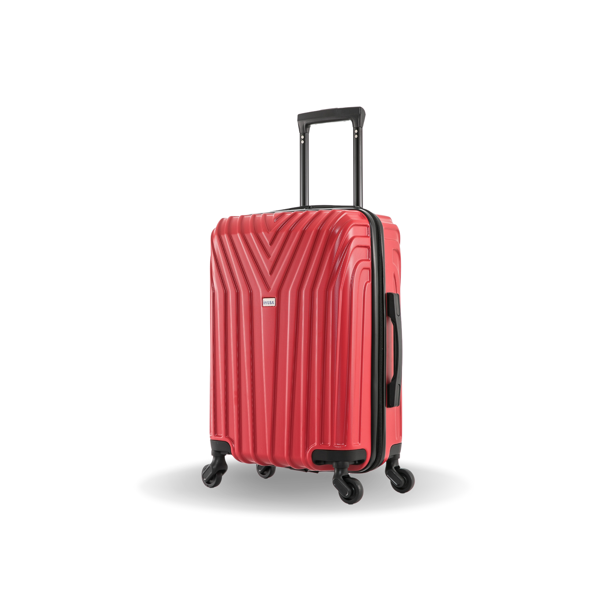 Red suitcase with black wheels and handle on a white background