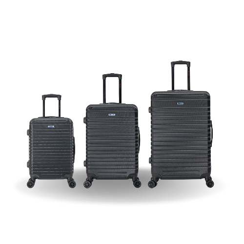 Three black suitcases of different sizes on a white background