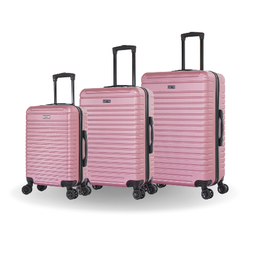 Set of three pink suitcases with black handles and wheels on a white background