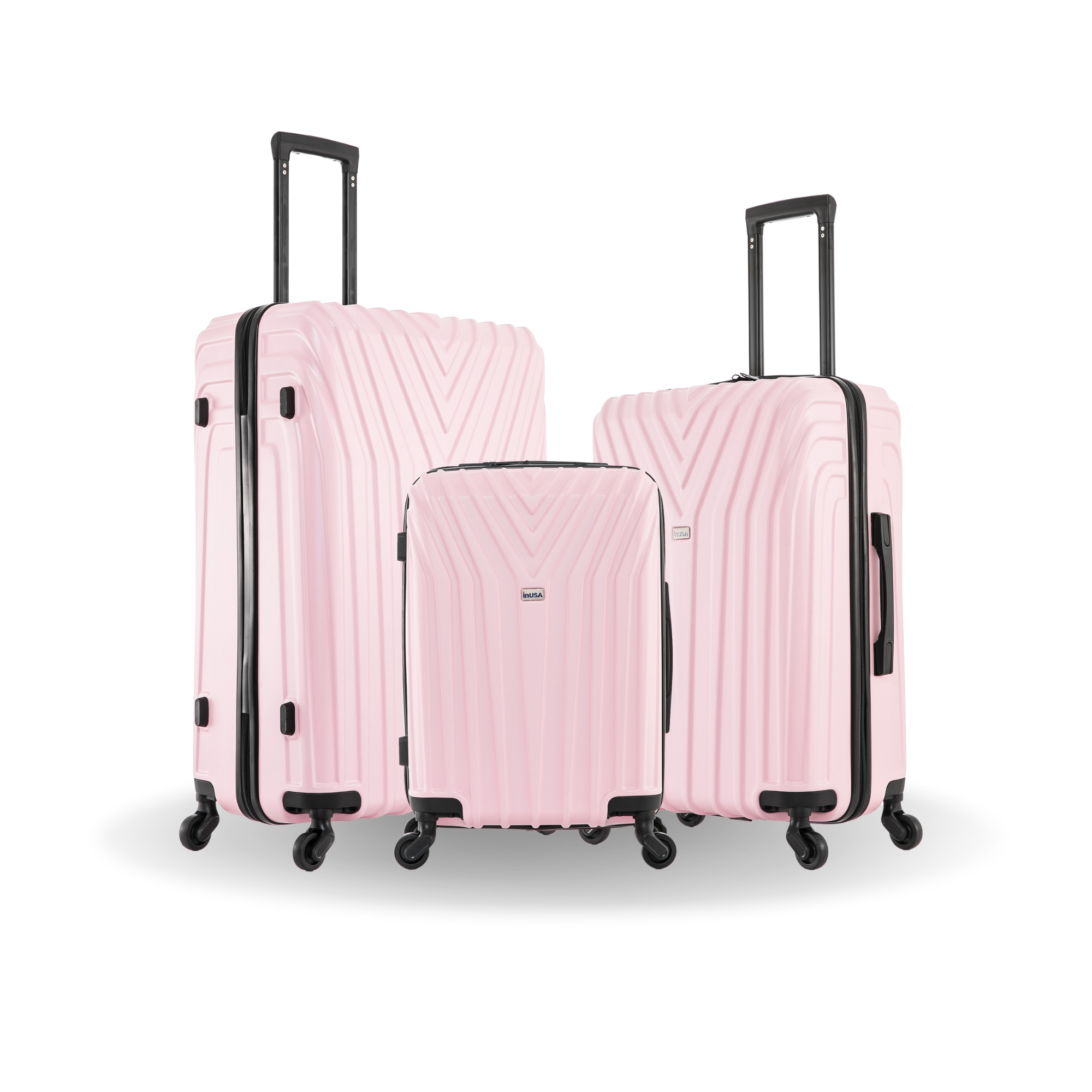 Set of three pink suitcases with black wheels on a white background