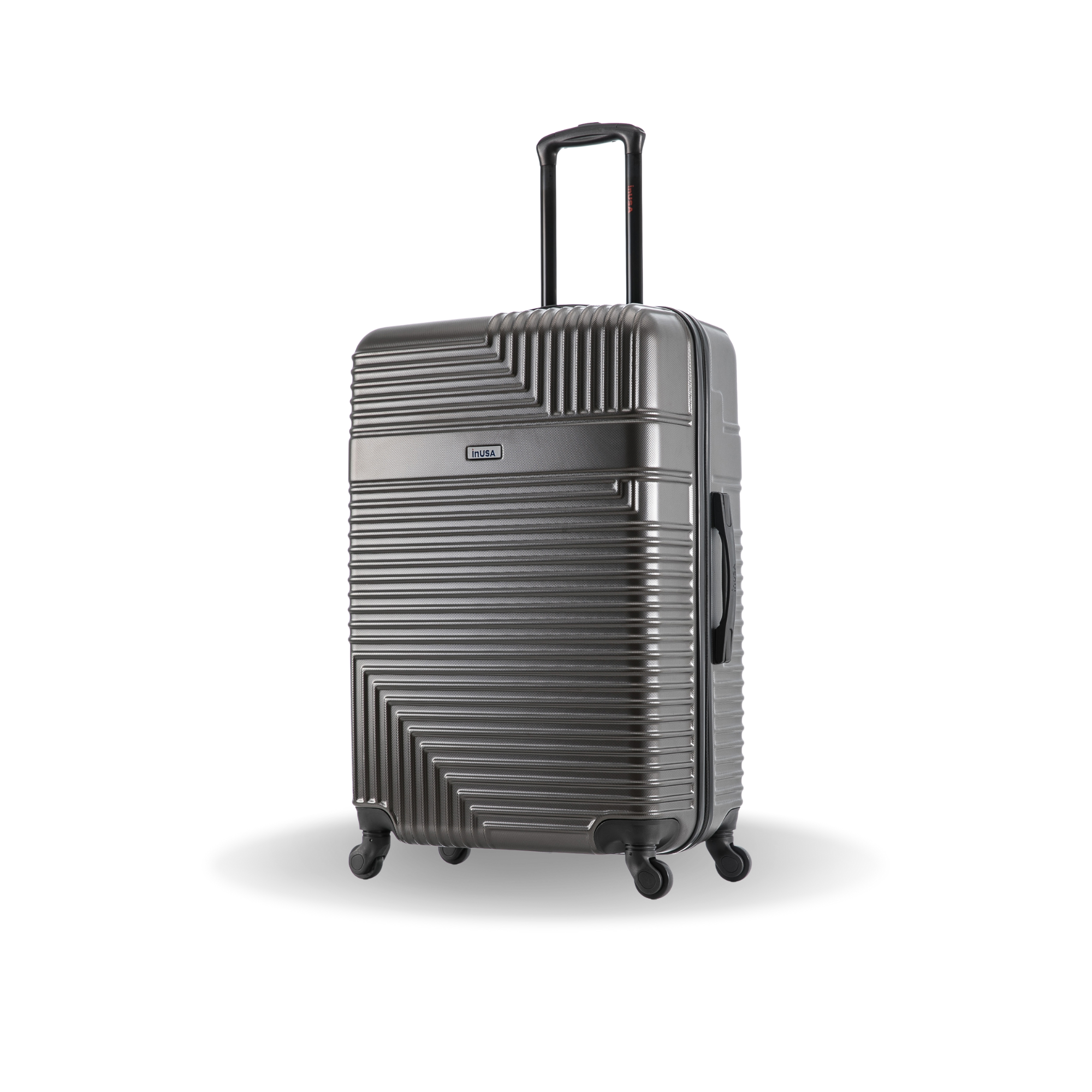 Gray suitcase with a geometric pattern on a white background