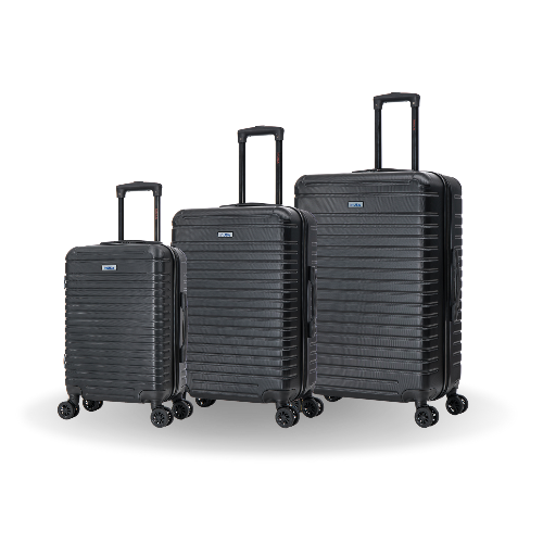Set of three black suitcases of different sizes on a white background