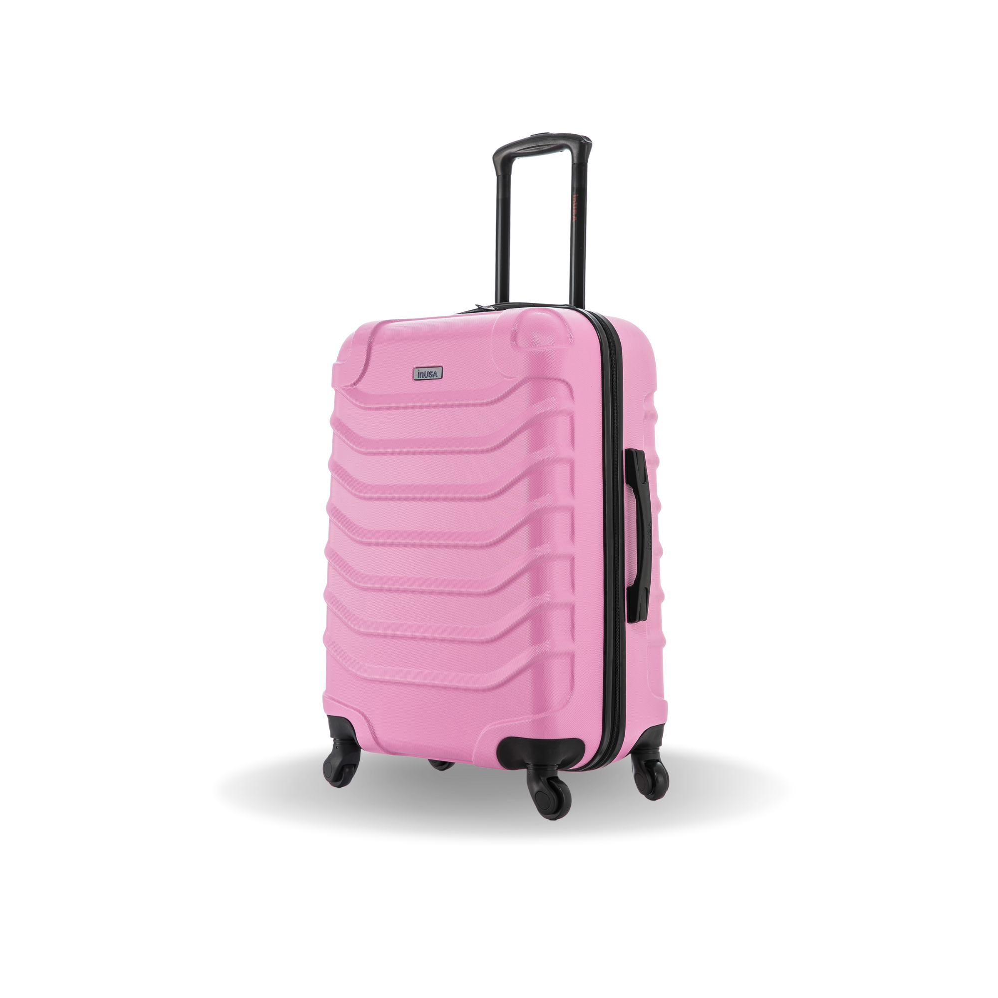 Pink suitcase with black wheels and handle on a white background