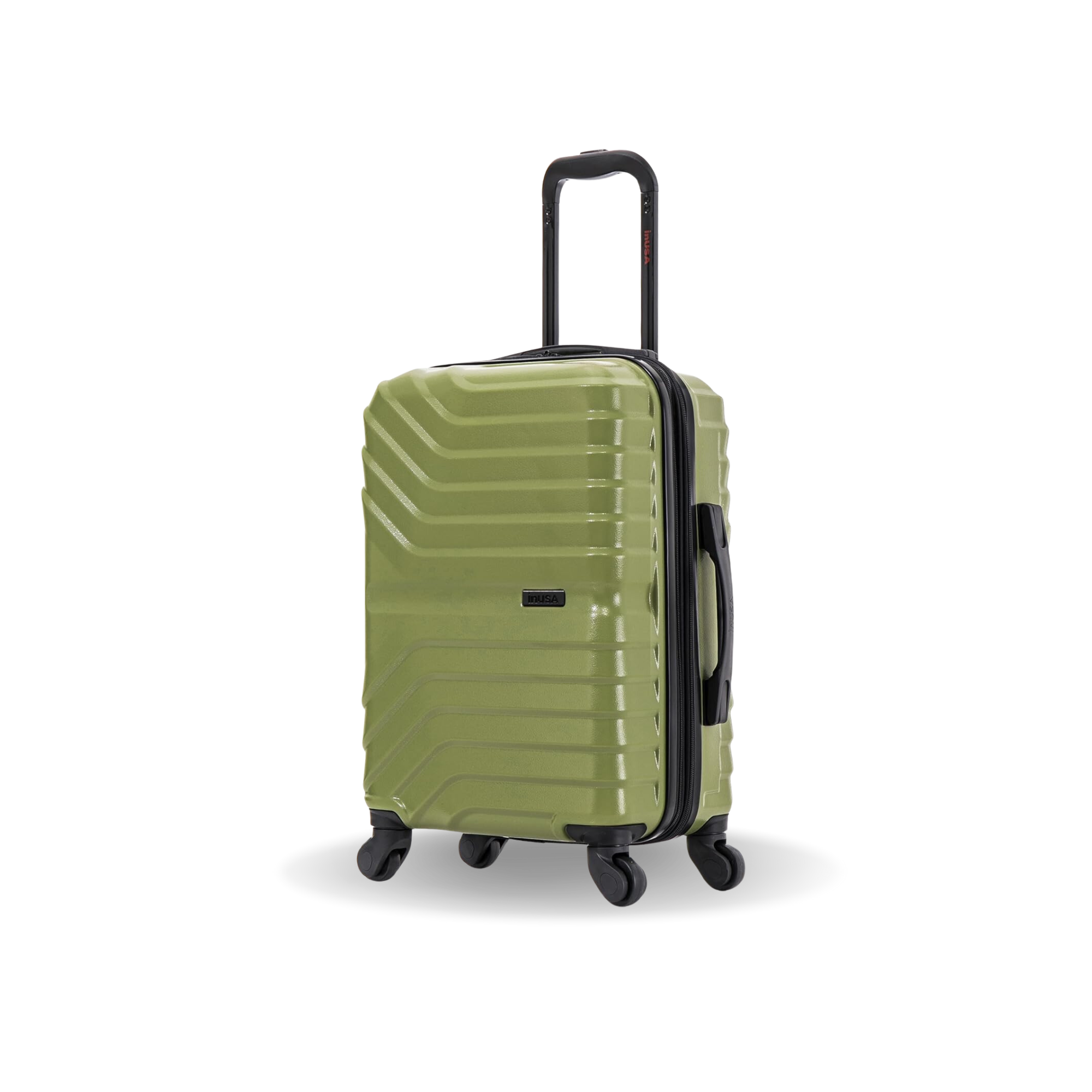 Green suitcase with black wheels and handle on a white background