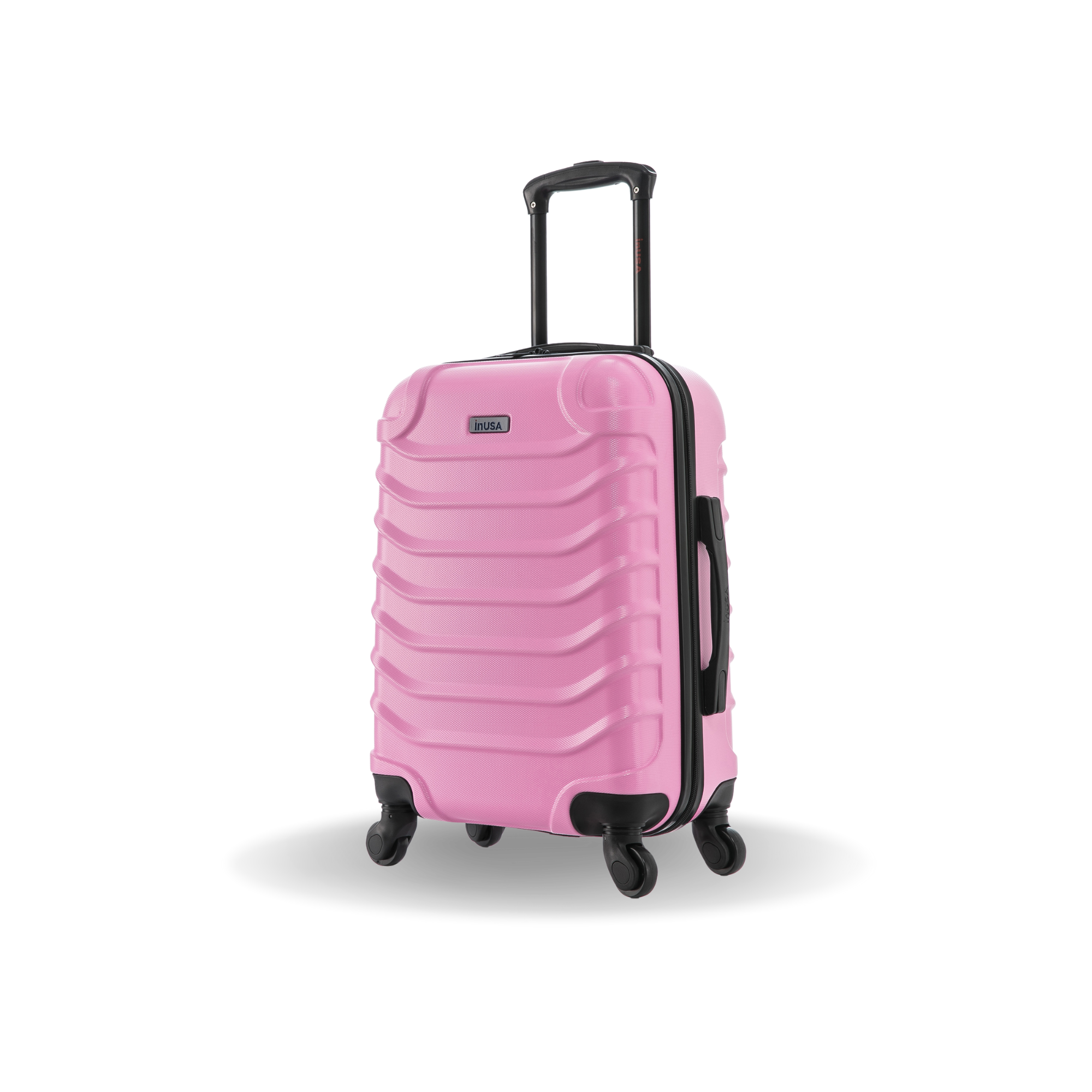 Pink suitcase with black wheels and handle on a white background
