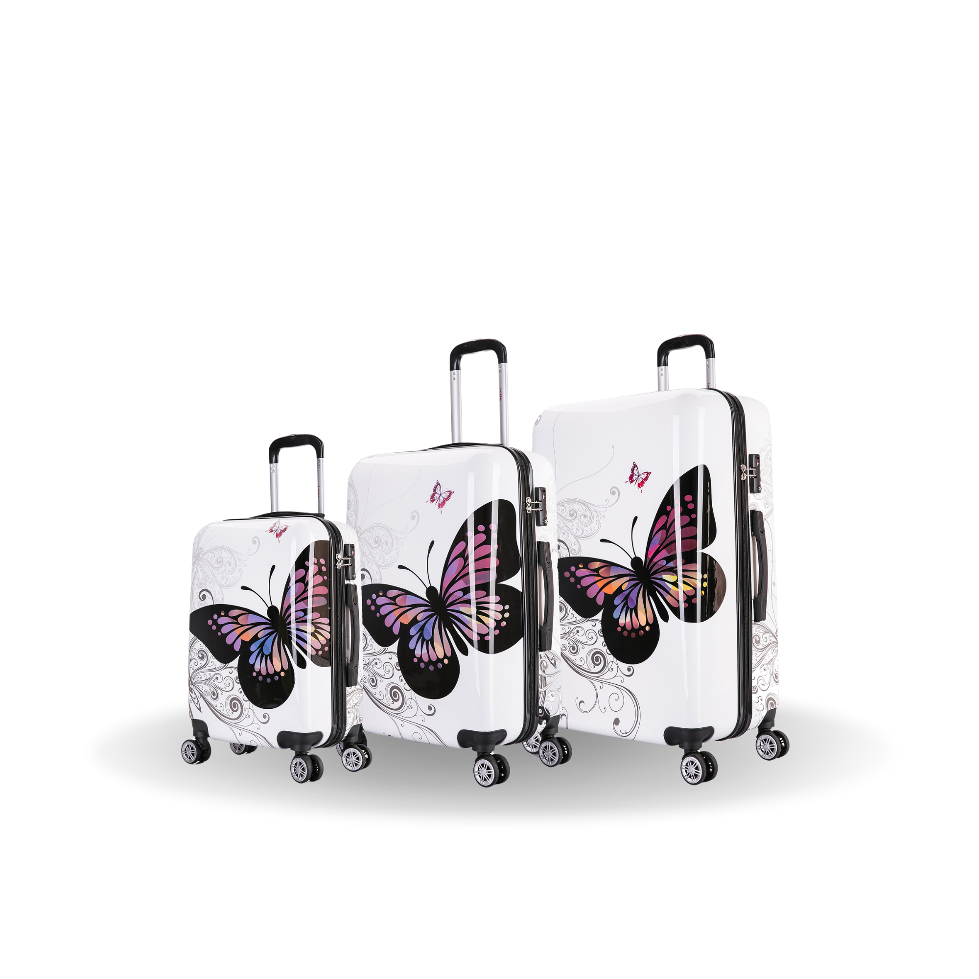 Set of three suitcases with butterfly design on a white background