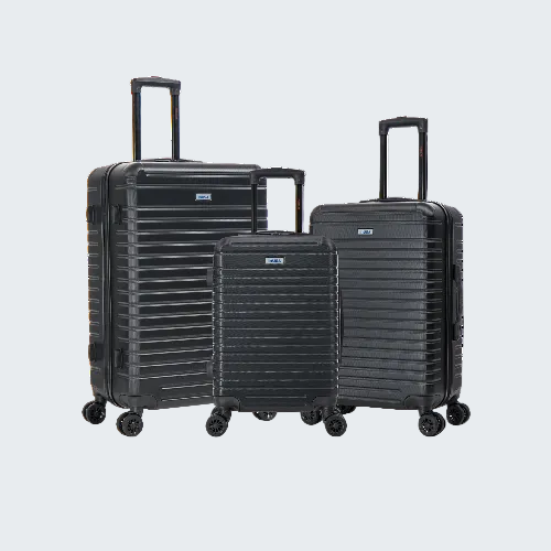 Three black suitcases of different sizes on a white background